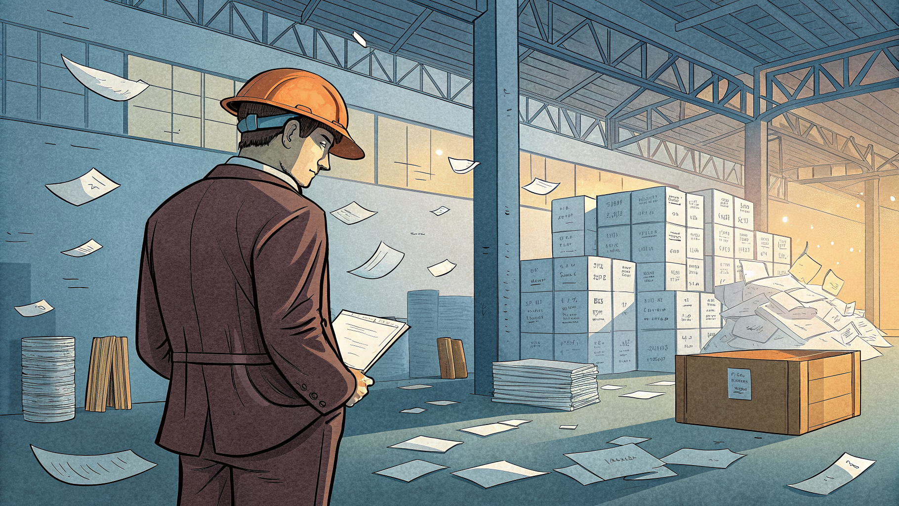 Hand-drawn editorial illustration clean lines warm colors A hard-hatted inspector