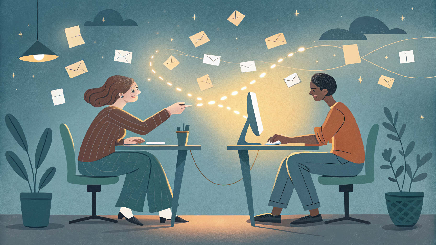 Hand-drawn editorial illustration clean lines warm colors Two colleagues at