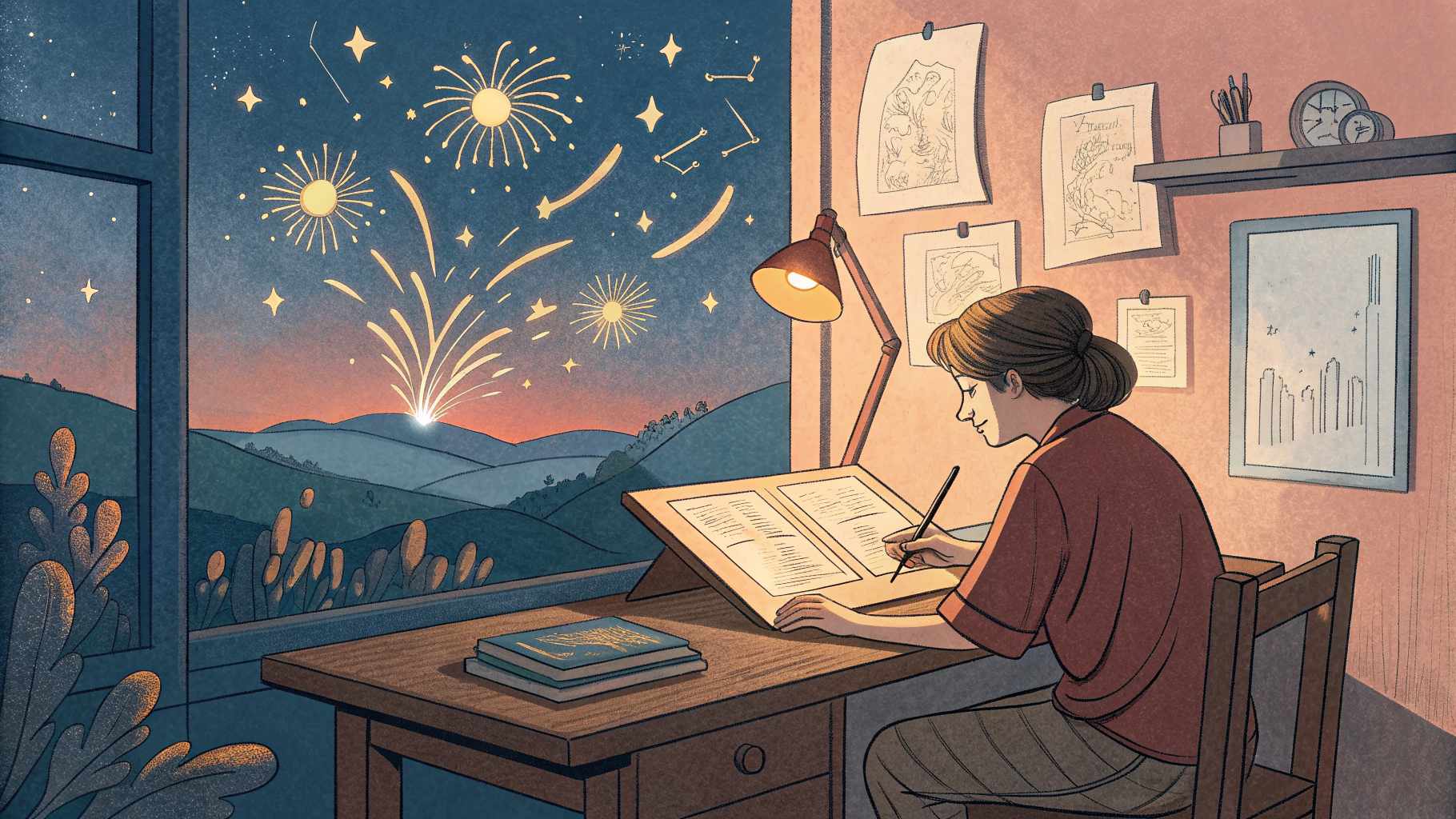 Hand-drawn editorial illustration clean lines warm colors A person sits