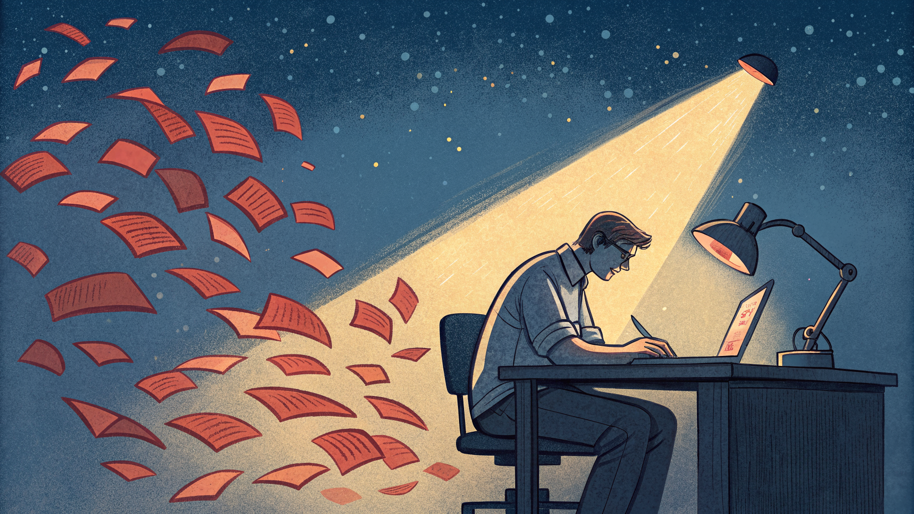 Hand-drawn editorial illustration clean lines warm colors A lone engineer
