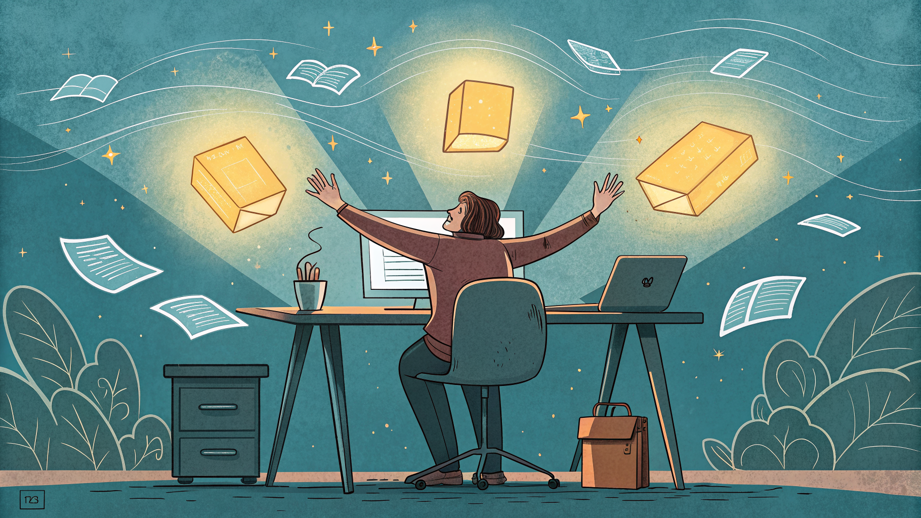 Hand-drawn editorial illustration clean lines warm colors A person at