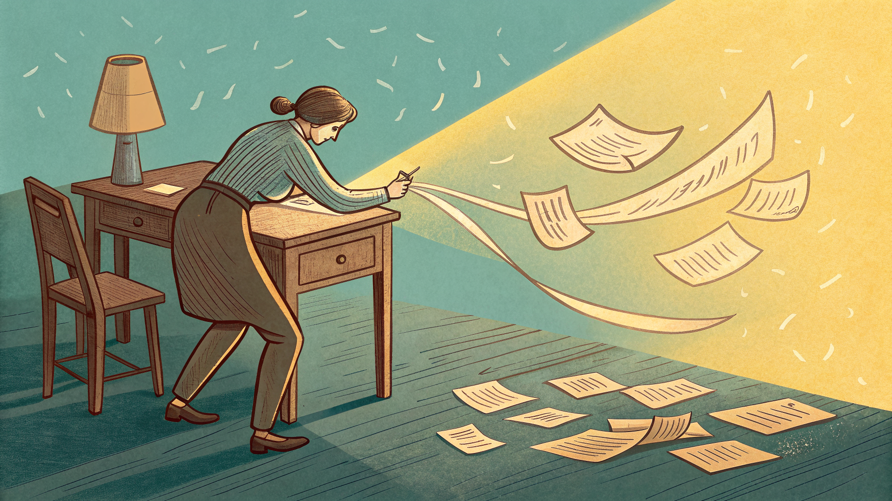 Hand-drawn editorial illustration clean lines warm colors A figure at