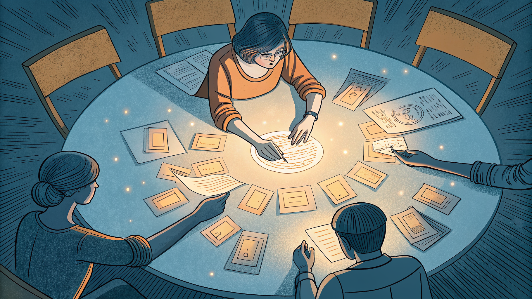 Hand-drawn editorial illustration clean lines warm colors A figure stands