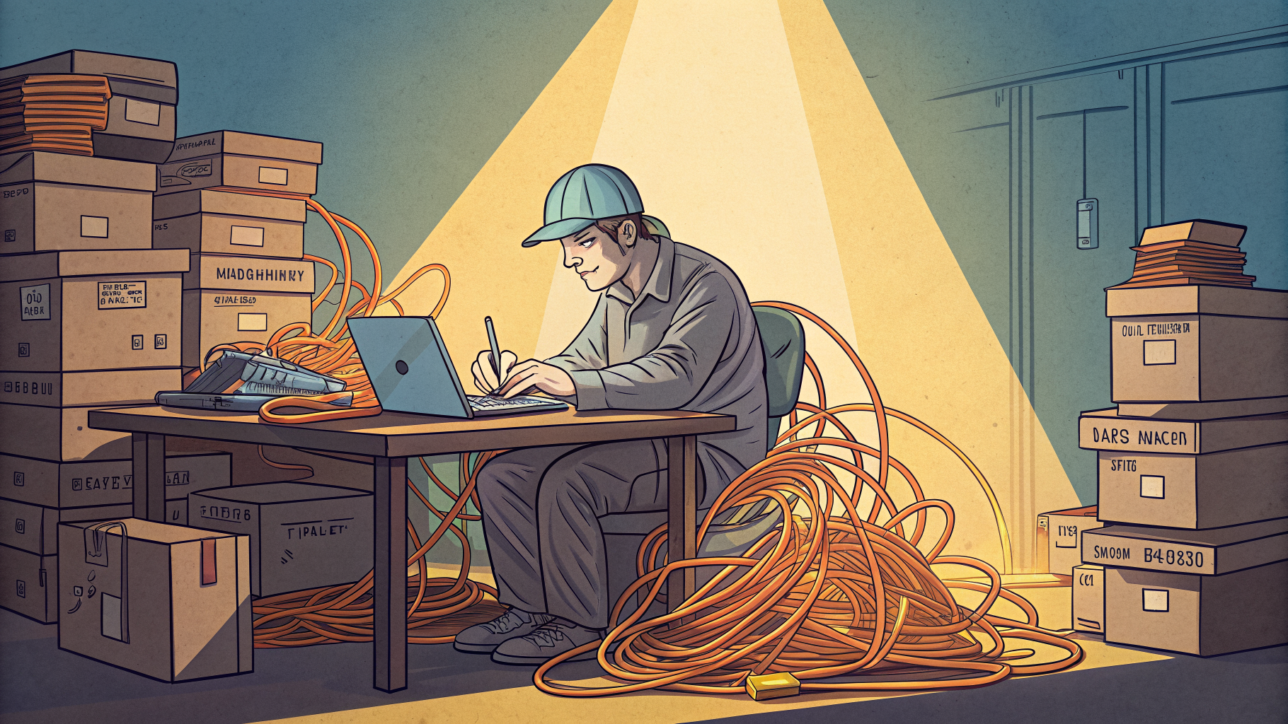 Hand-drawn editorial illustration clean lines warm colors A weary engineer