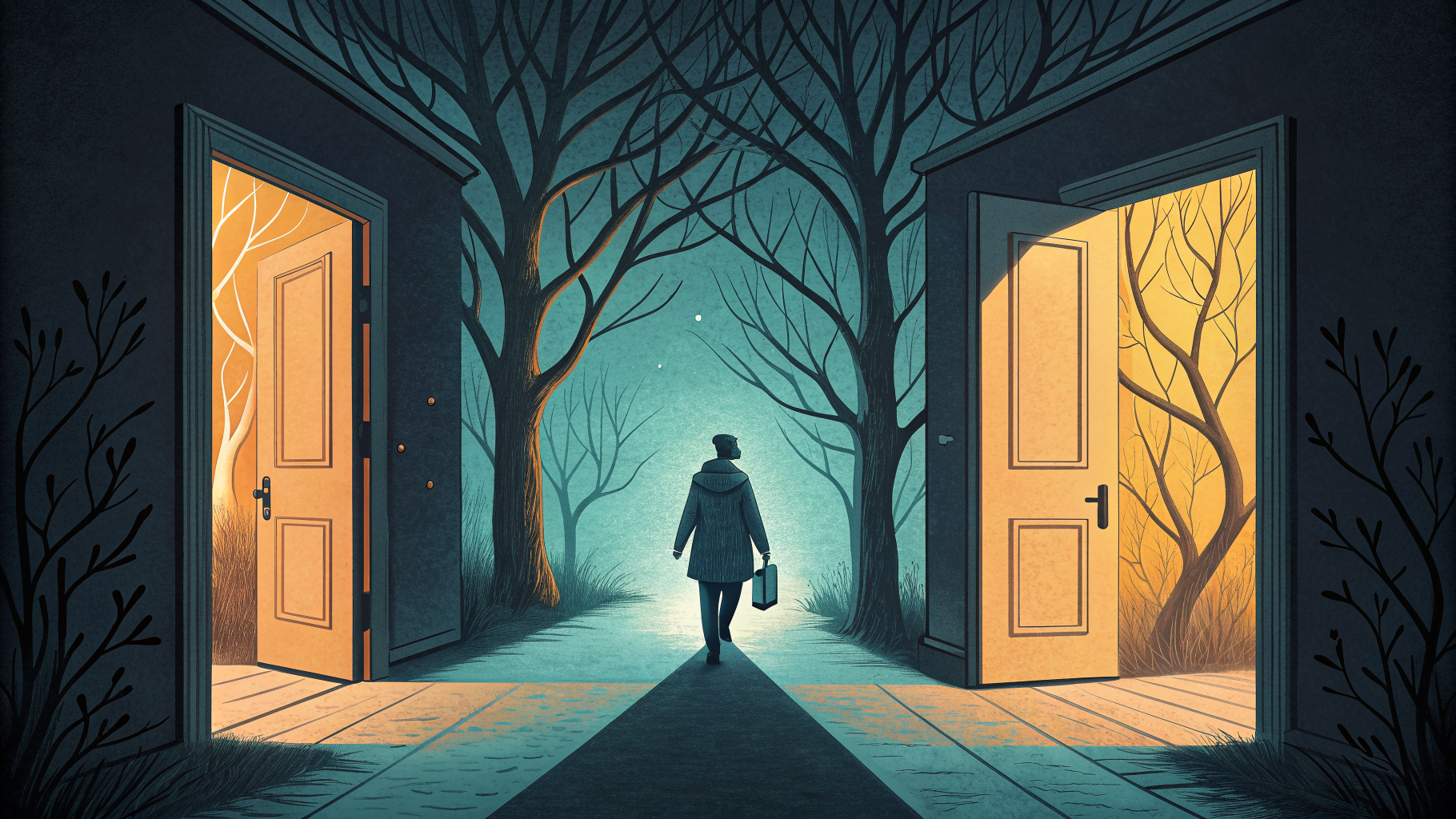 Hand-drawn editorial illustration clean lines warm colors Two glowing doorways