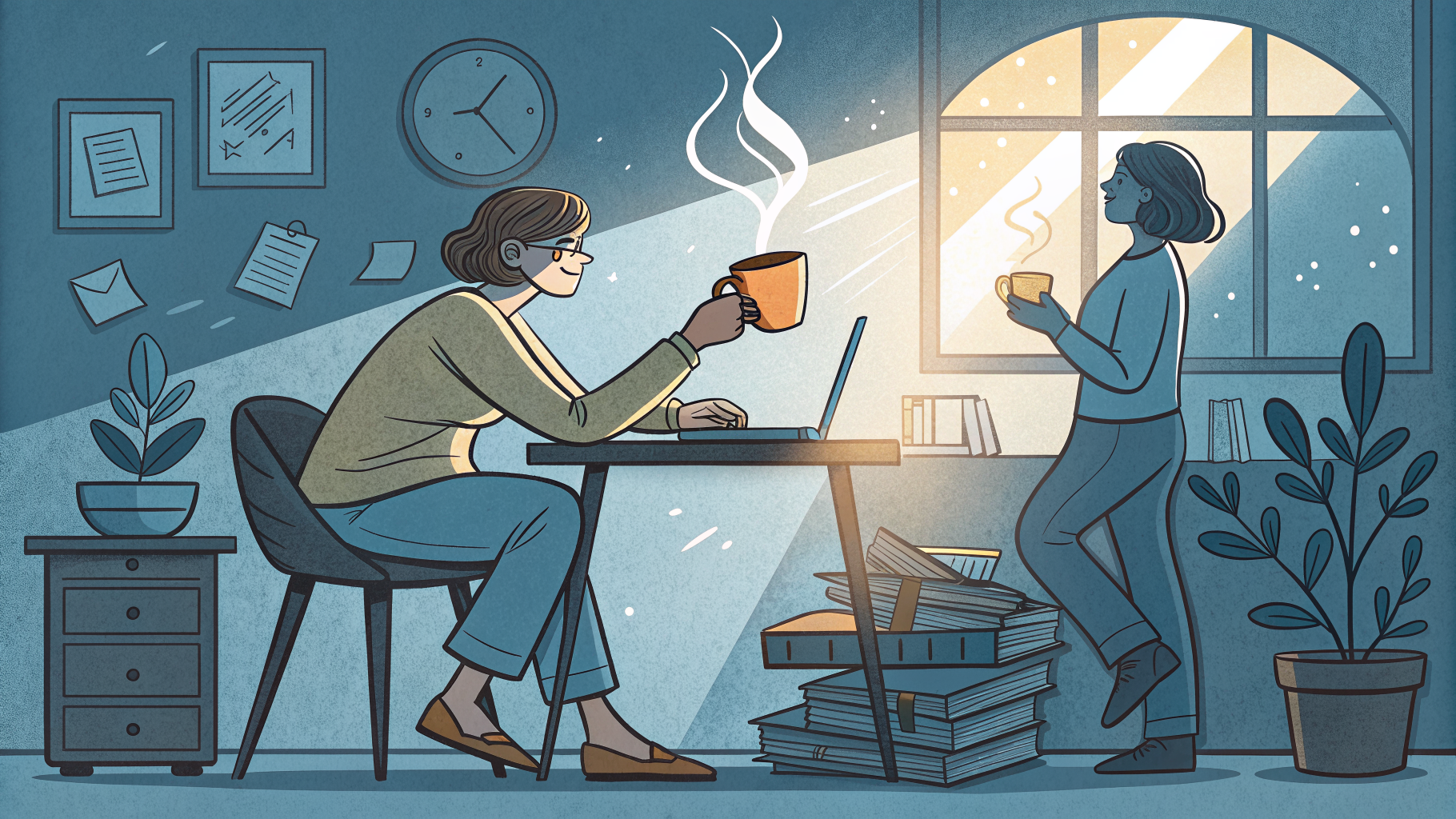 Hand-drawn editorial illustration clean lines warm colors A person leans