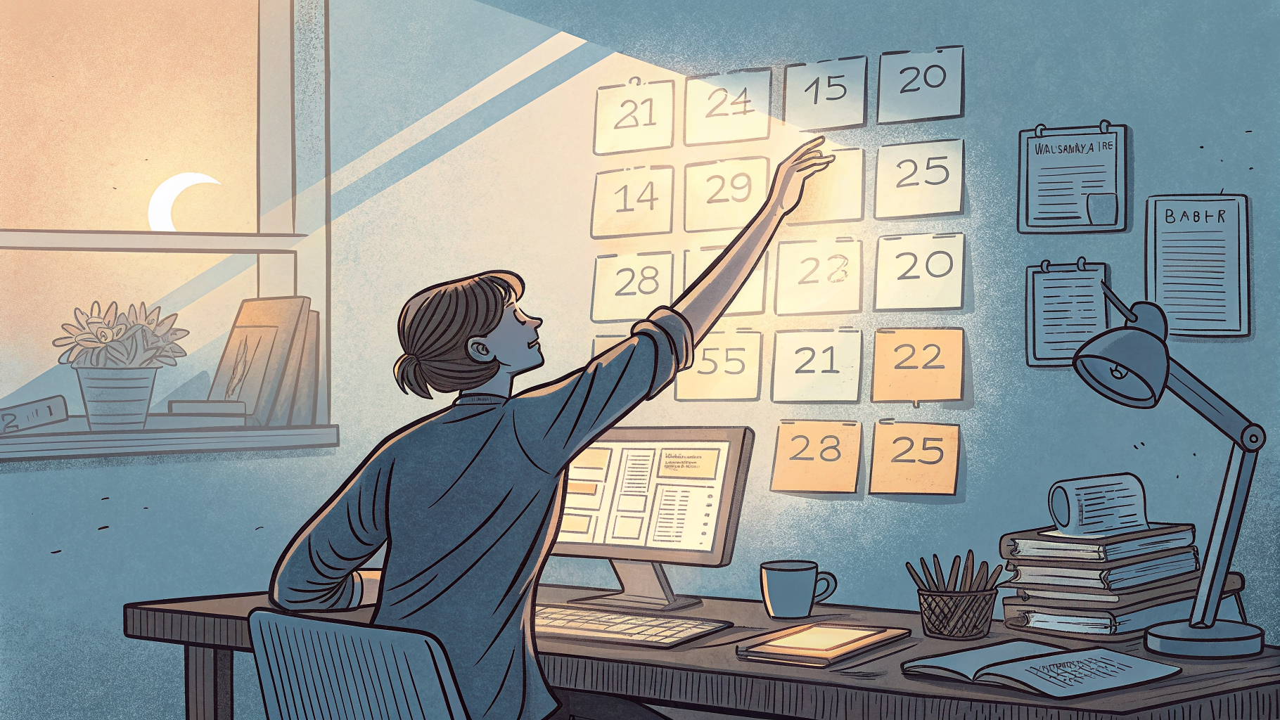 Hand-drawn editorial illustration clean lines warm colors A person at