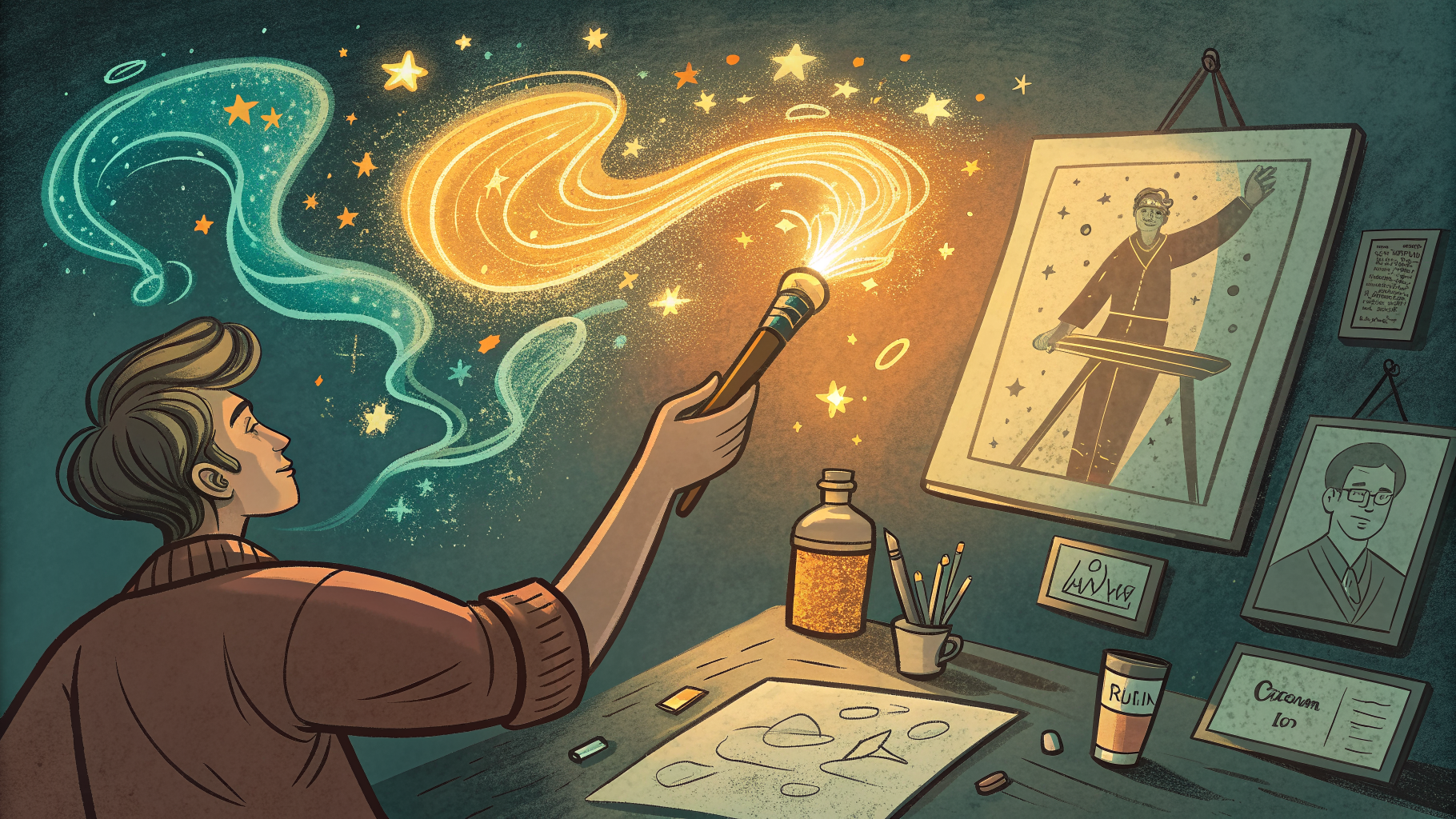 Hand-drawn editorial illustration clean lines warm colors An artist's hand