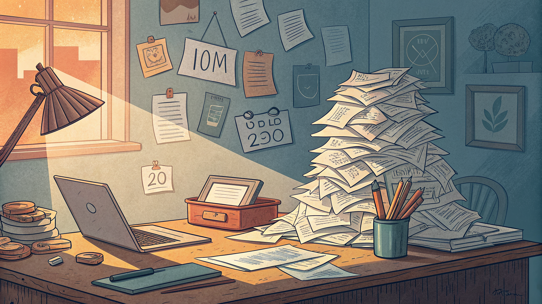 Hand-drawn editorial illustration clean lines warm colors A cluttered desk