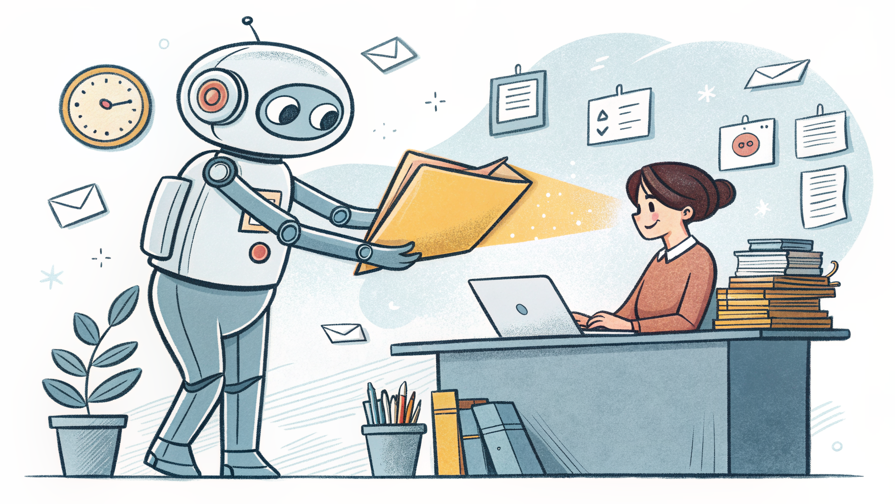 Hand-drawn editorial illustration clean lines warm colors A person at