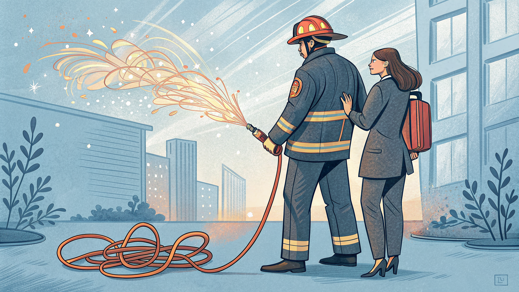 Hand-drawn editorial illustration clean lines warm colors A firefighter and