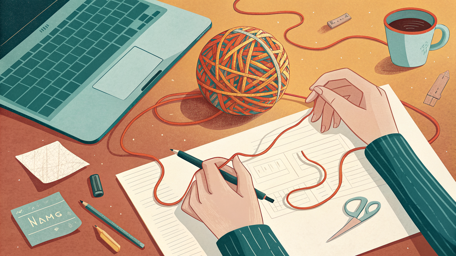 Hand-drawn editorial illustration clean lines warm colors A tangled ball