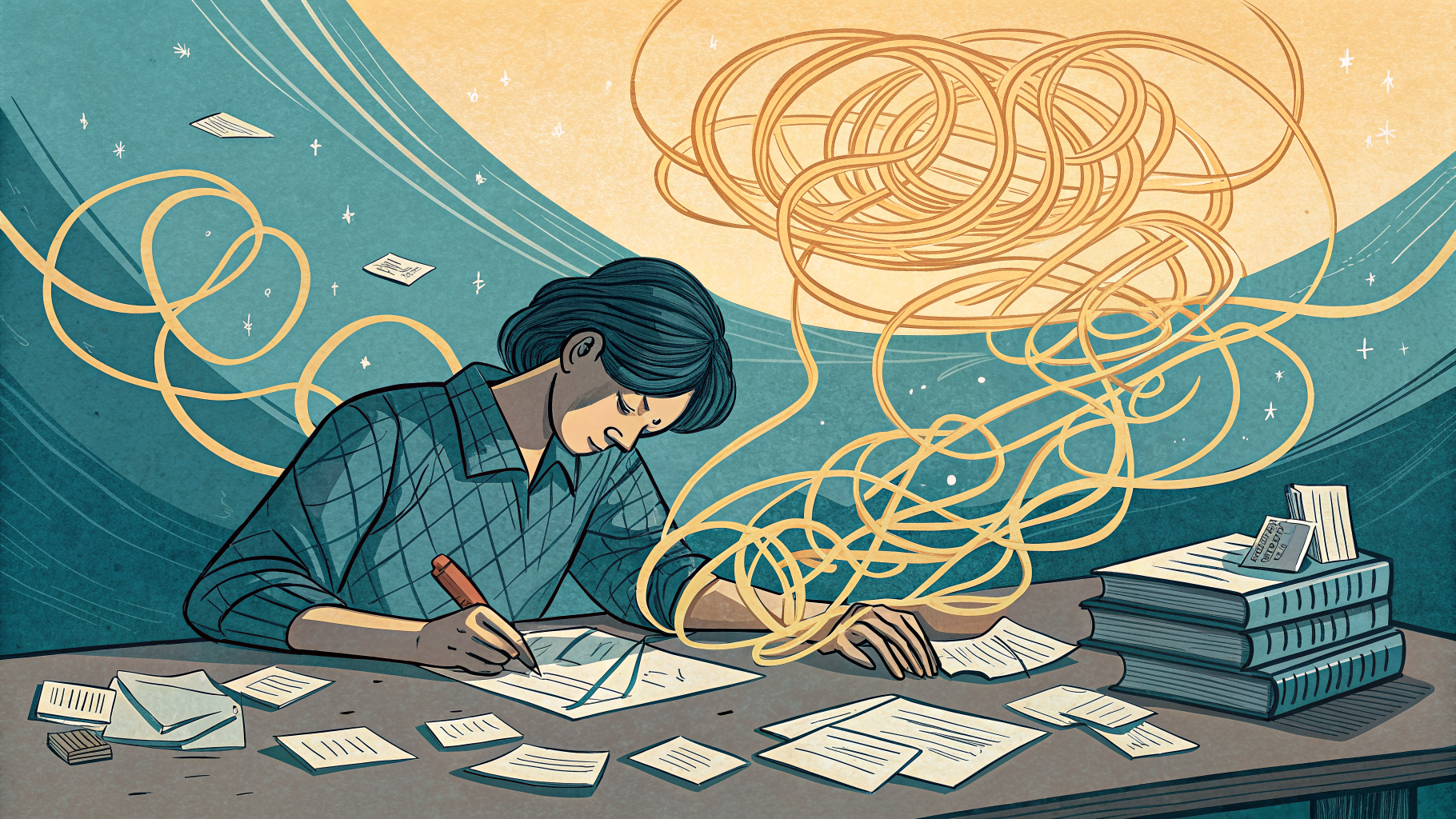Hand-drawn editorial illustration clean lines warm colors A person at