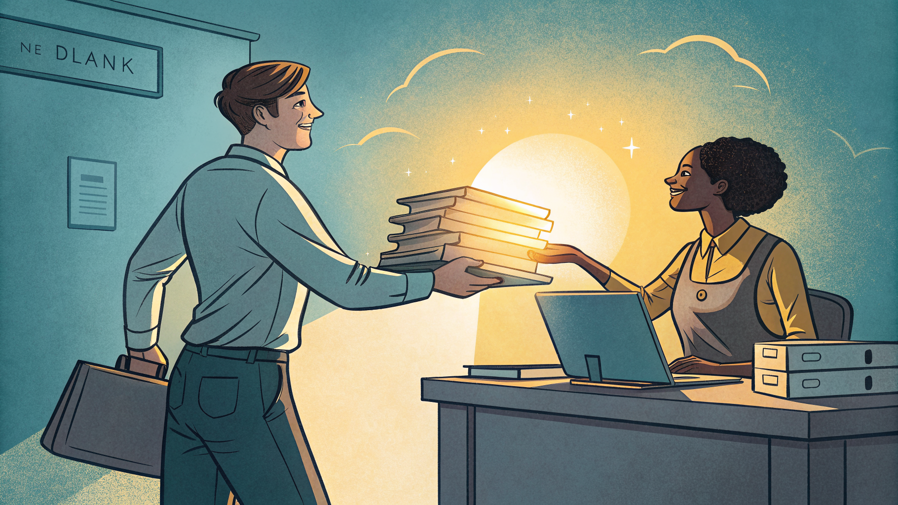 Hand-drawn editorial illustration clean lines warm colors A salesperson at