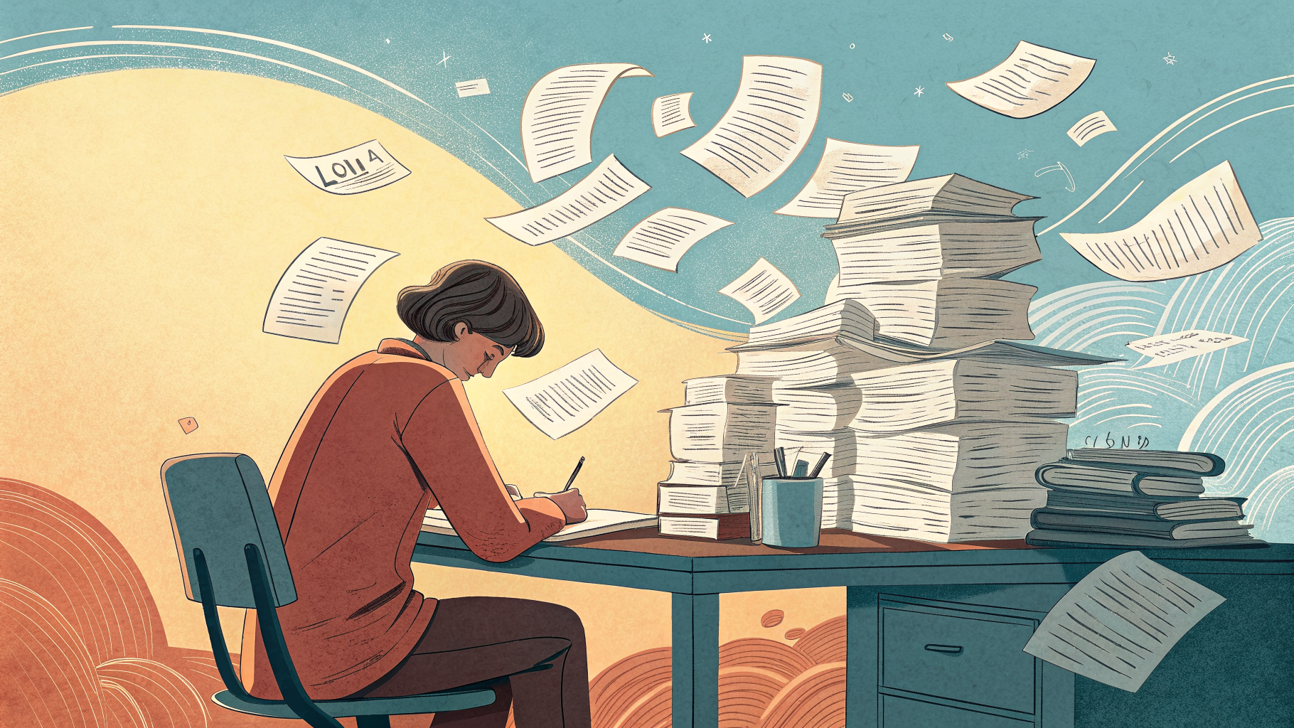 Hand-drawn editorial illustration clean lines warm colors A person at