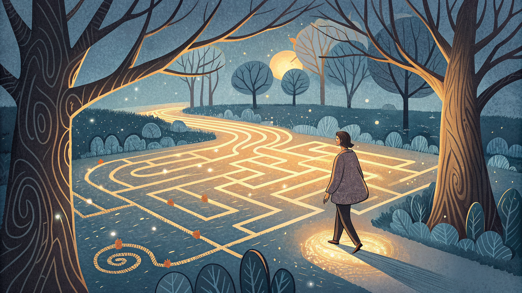 Hand-drawn editorial illustration clean lines warm colors A person stands