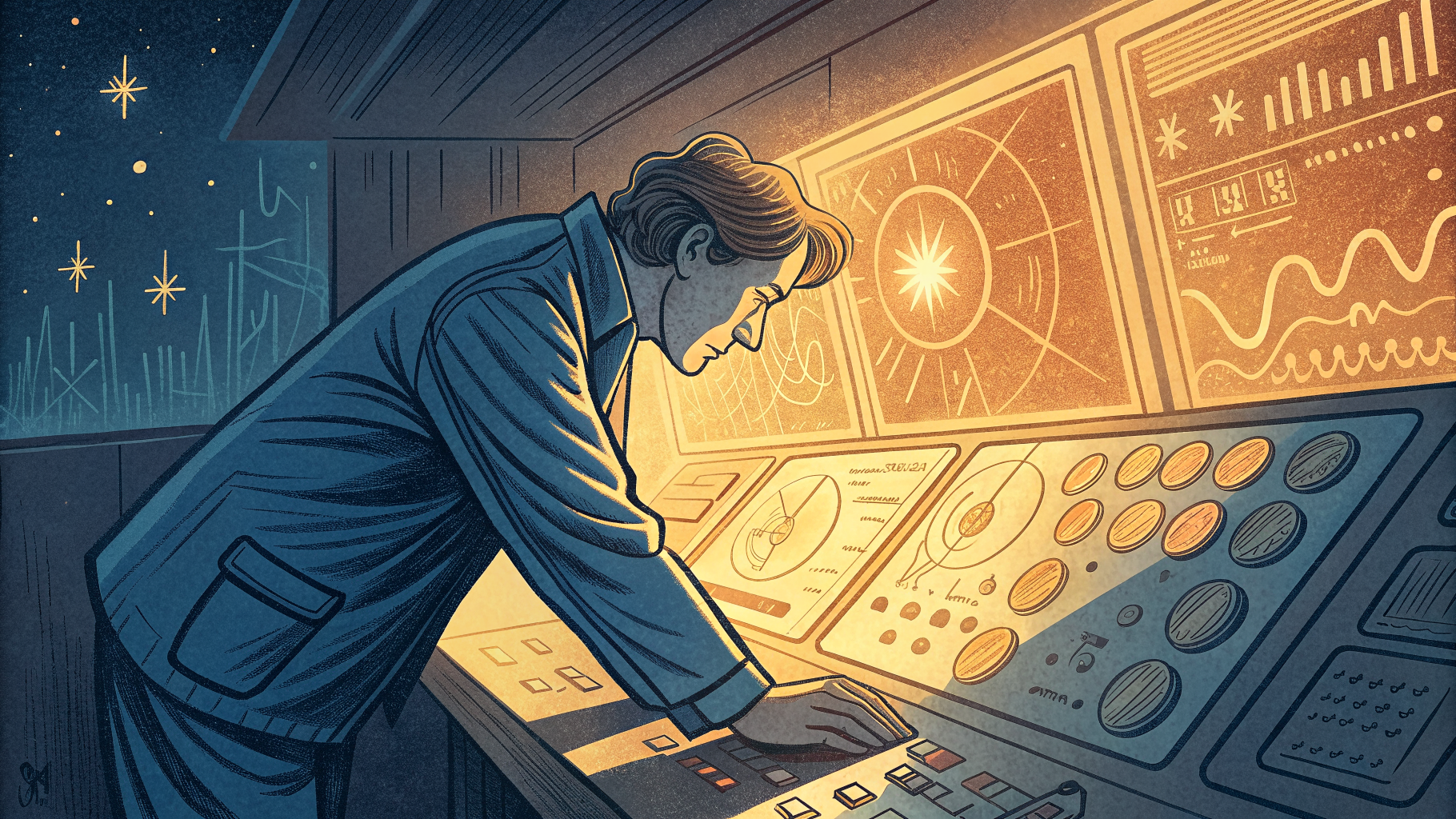 Hand-drawn editorial illustration clean lines warm colors A tired founder