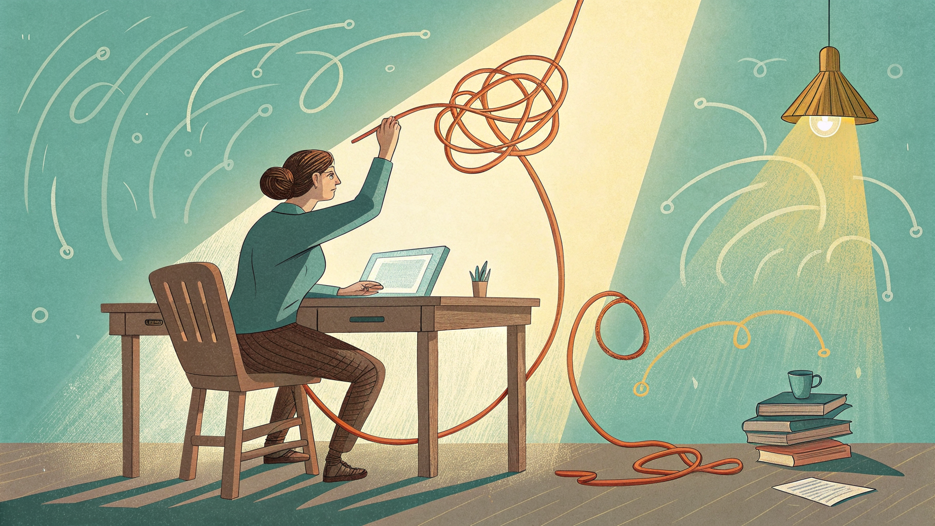 Hand-drawn editorial illustration clean lines warm colors A person at