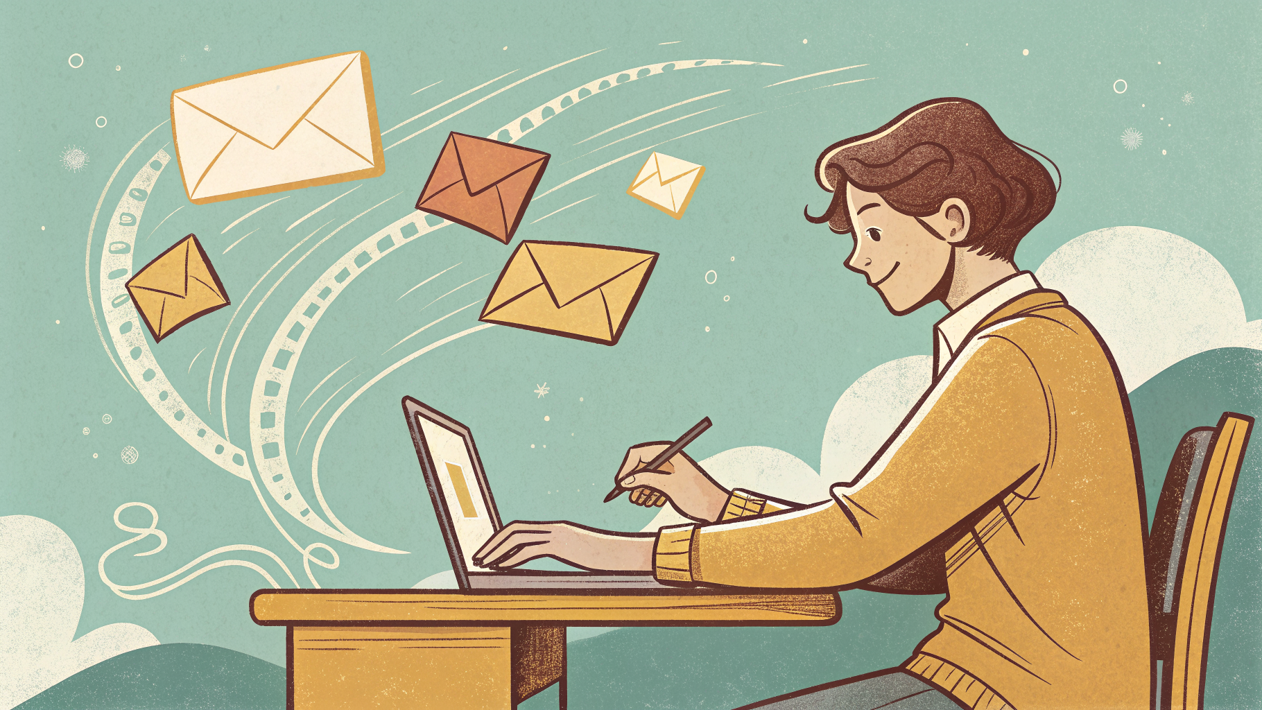 Hand-drawn editorial illustration clean lines warm colors A person at