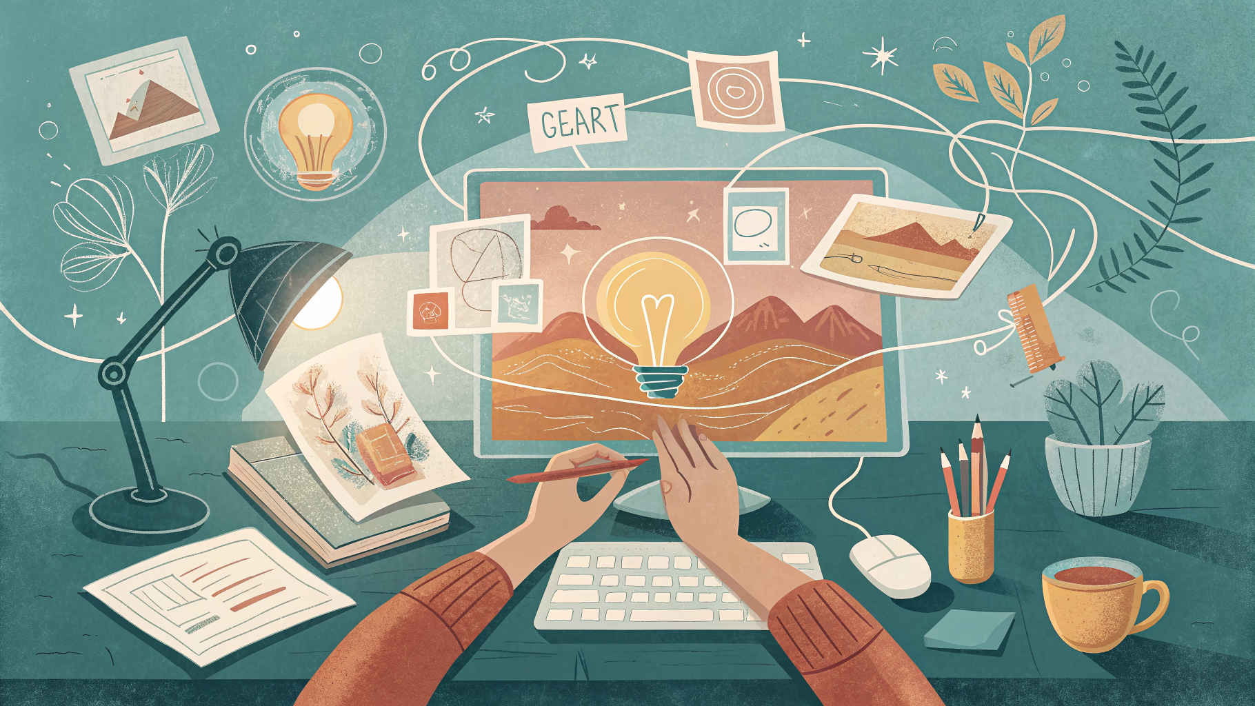 Hand-drawn editorial illustration clean lines warm colors A designer's hands