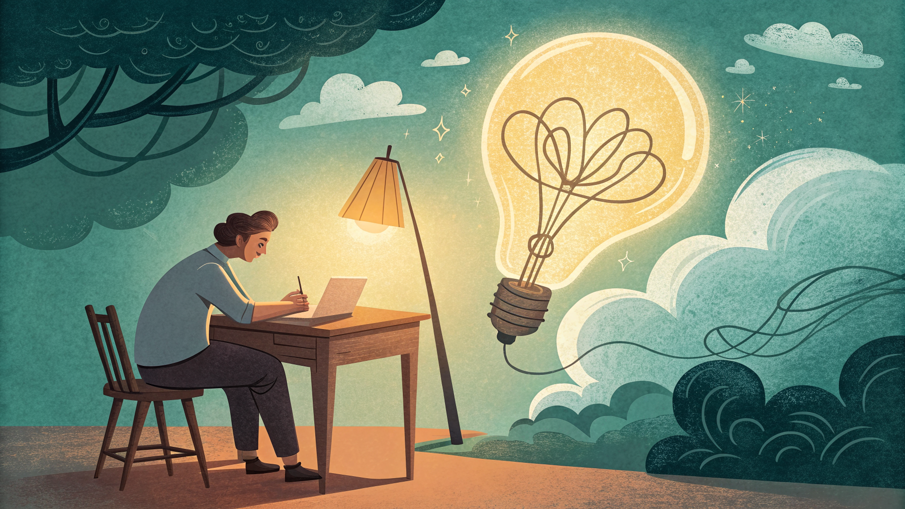 Hand-drawn editorial illustration clean lines warm colors A curious figure