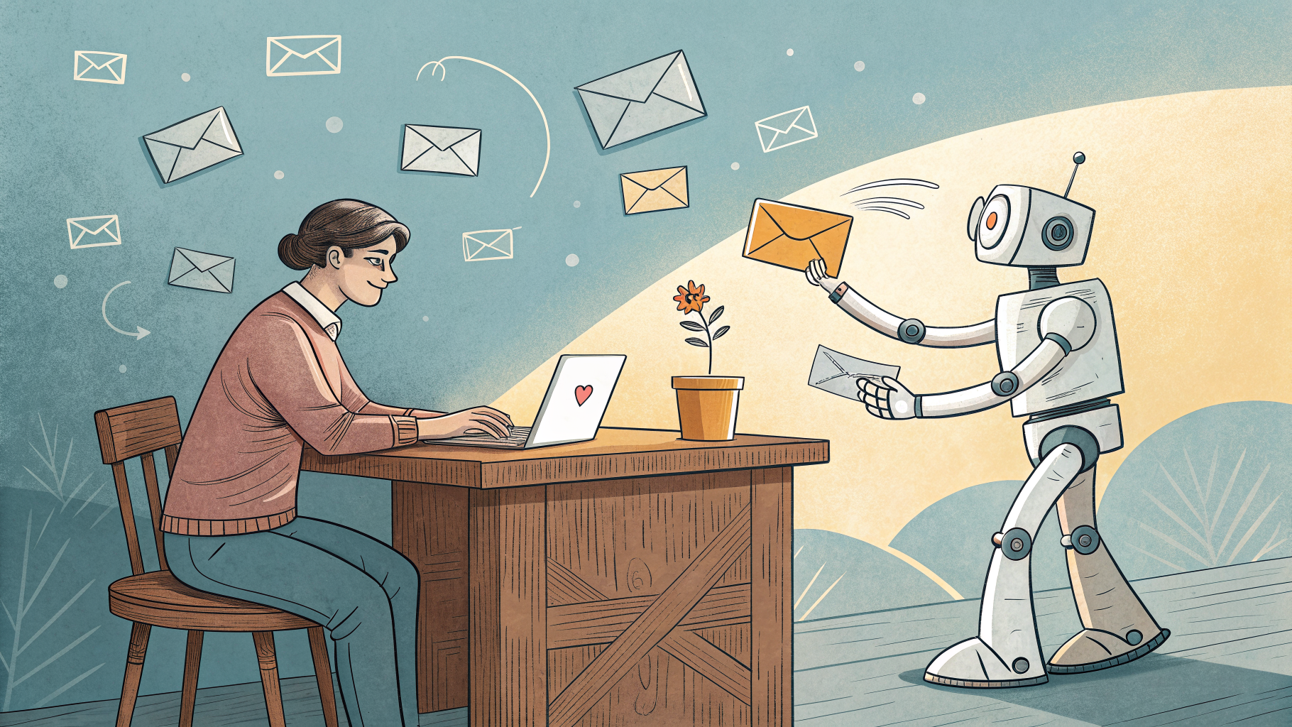 Hand-drawn editorial illustration clean lines warm colors A tired marketer