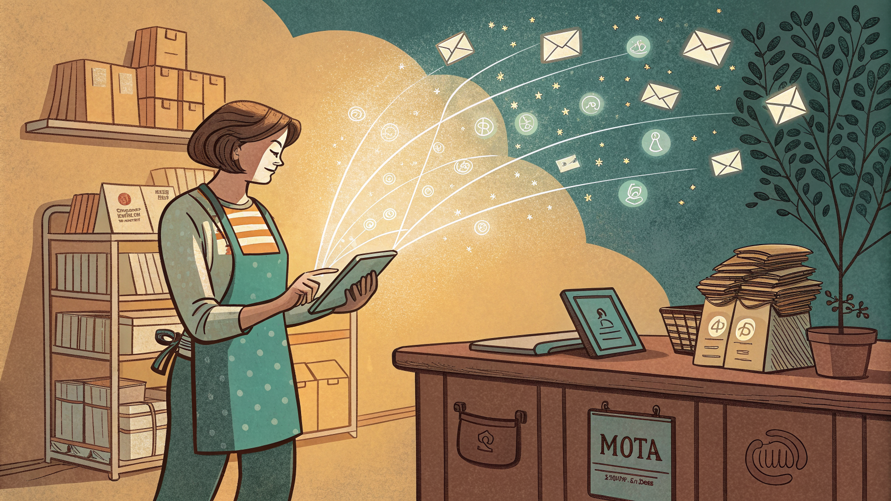 Hand-drawn editorial illustration clean lines warm colors A shopkeeper stands
