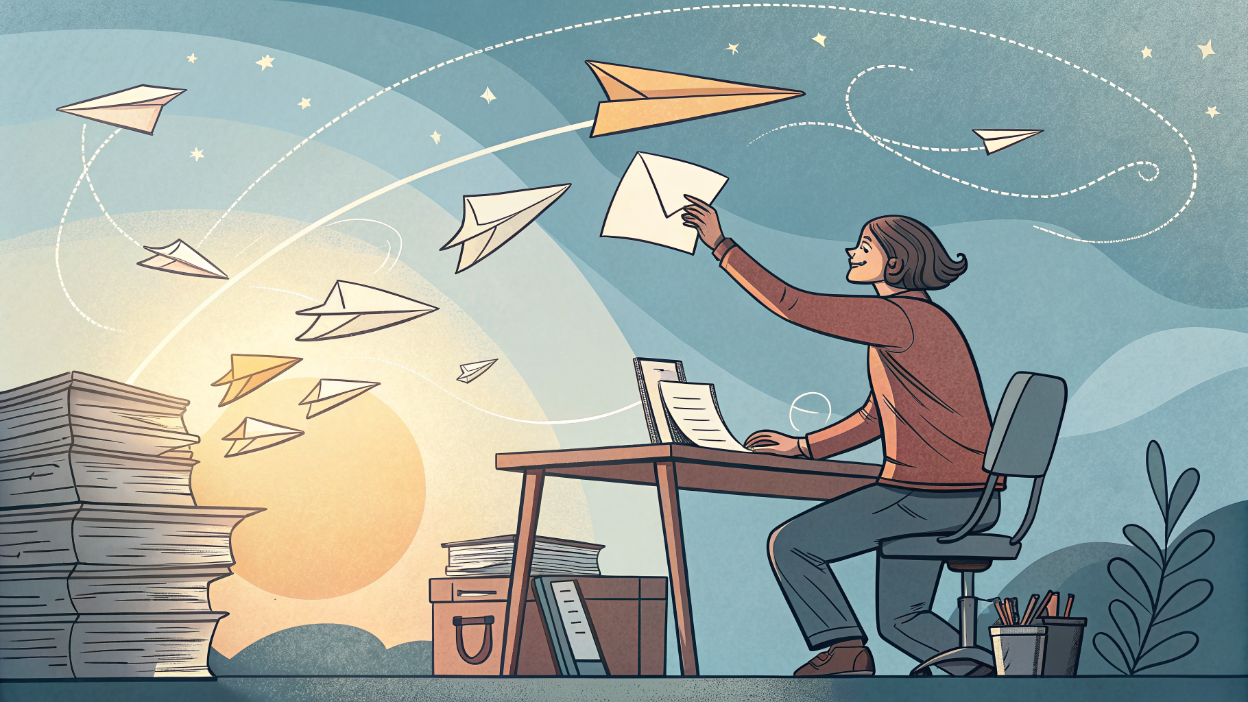 Hand-drawn editorial illustration clean lines warm colors A person at