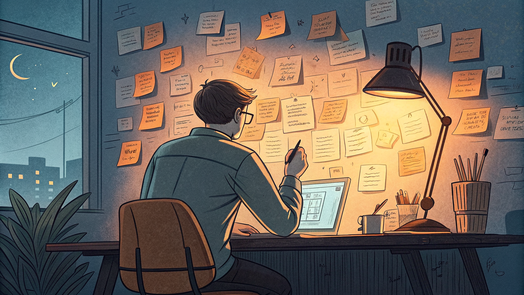 Hand-drawn editorial illustration clean lines warm colors A tired project