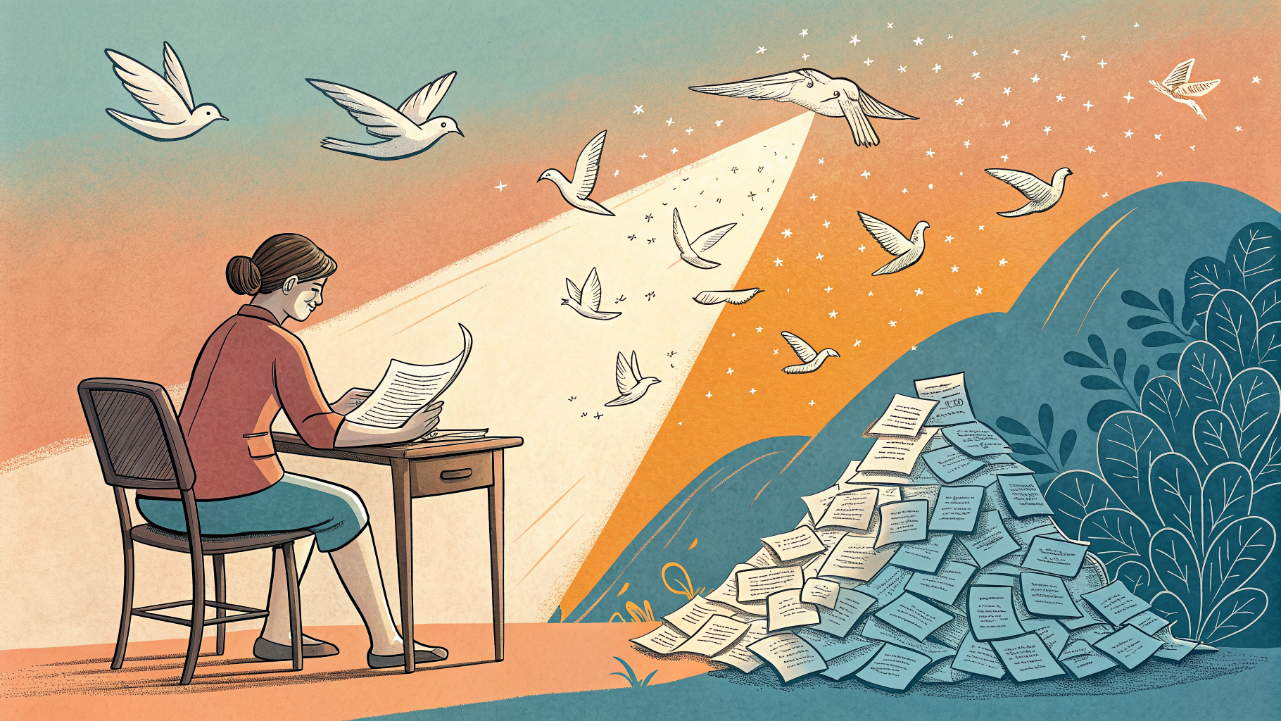 Hand-drawn editorial illustration clean lines warm colors A person sits