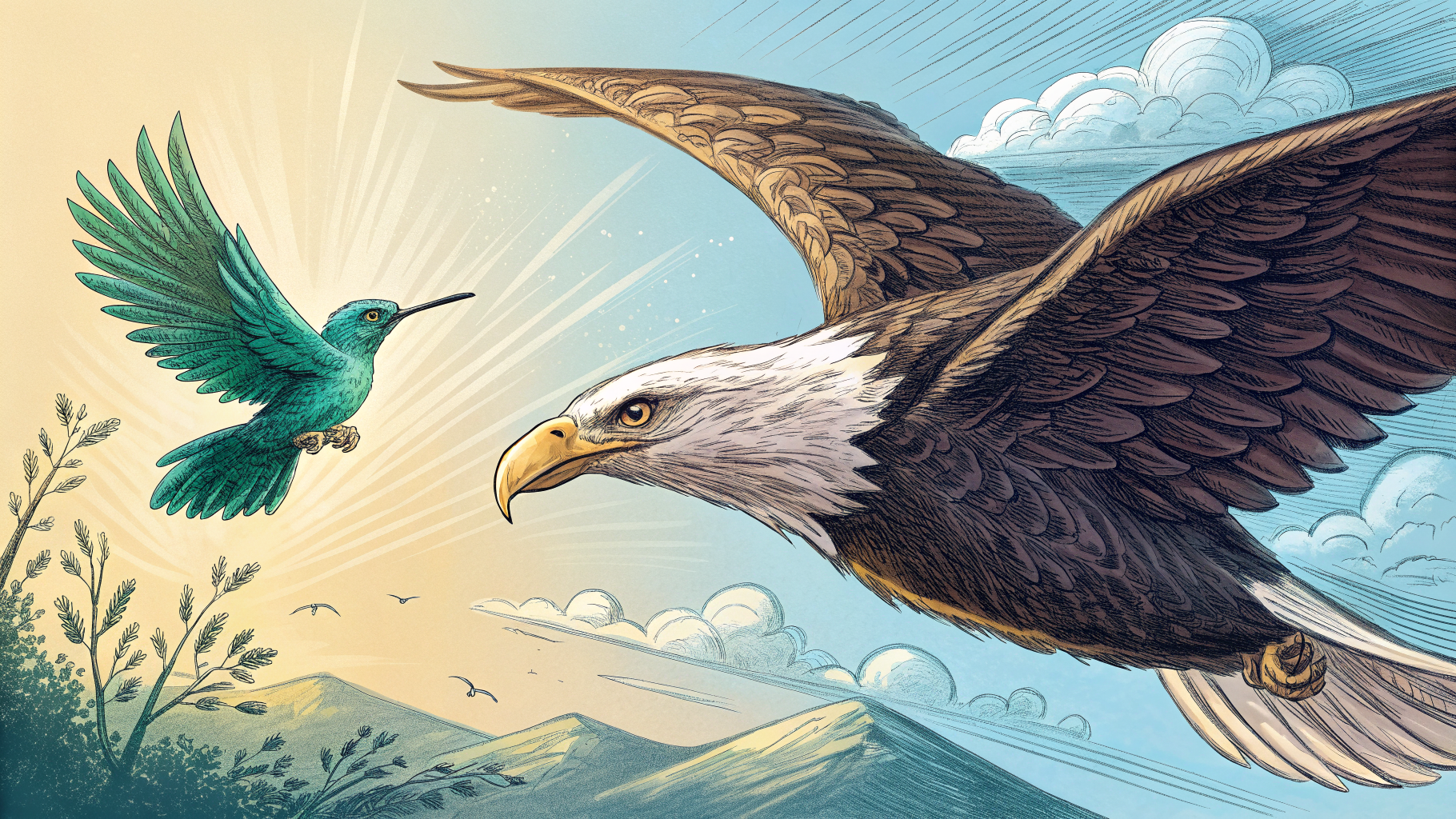 Hand-drawn editorial illustration clean lines warm colors A tiny hummingbird