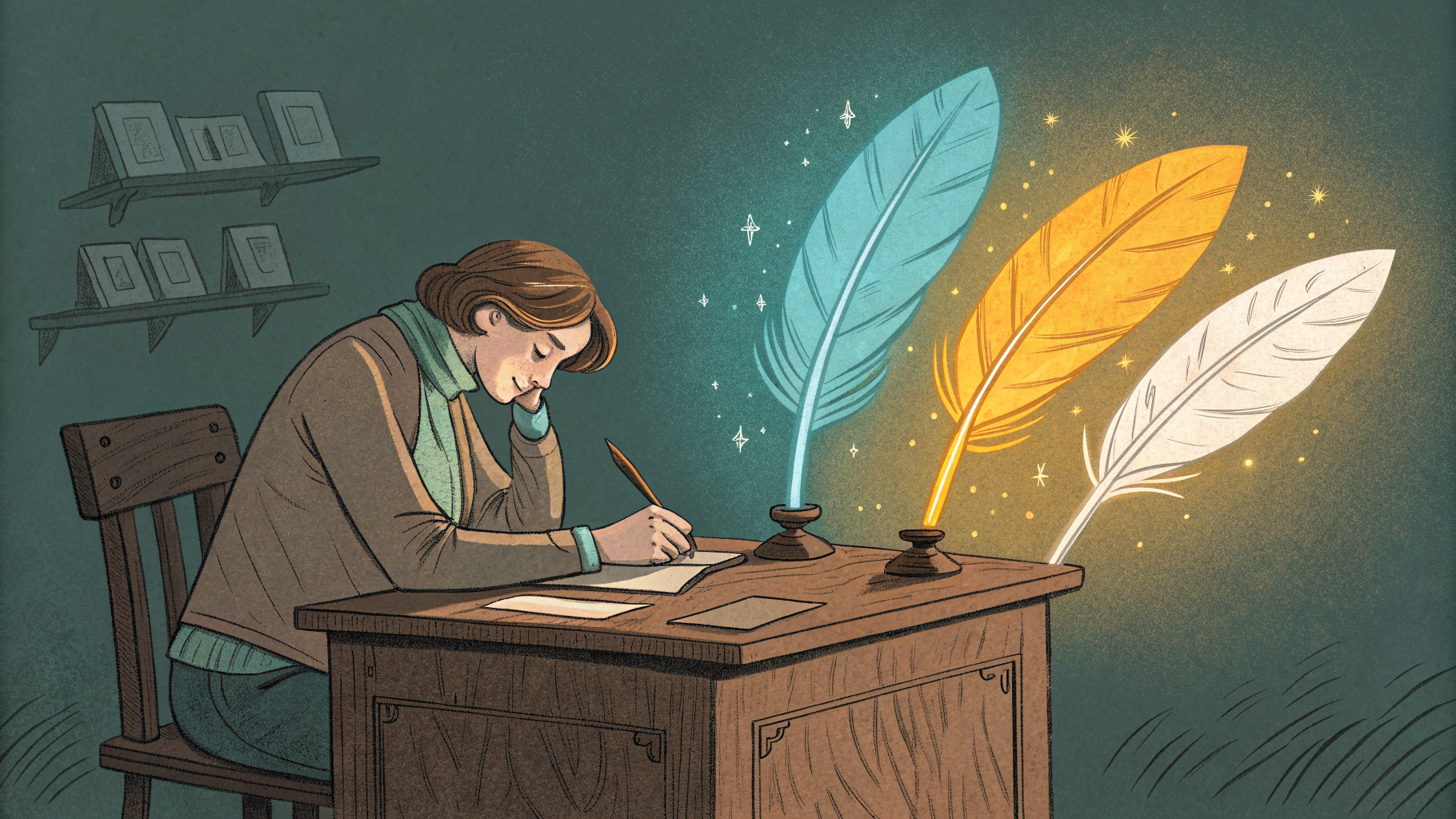 Hand-drawn editorial illustration clean lines warm colors A writer at