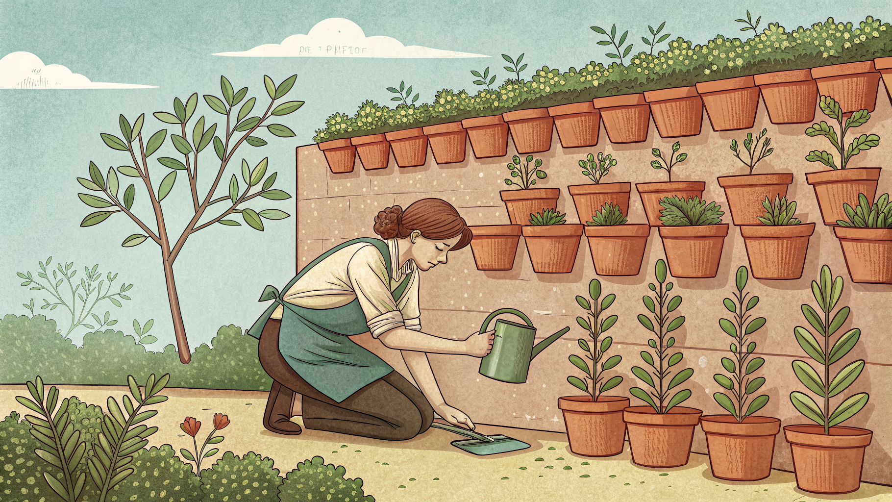 Hand-drawn editorial illustration clean lines warm colors A gardener tends
