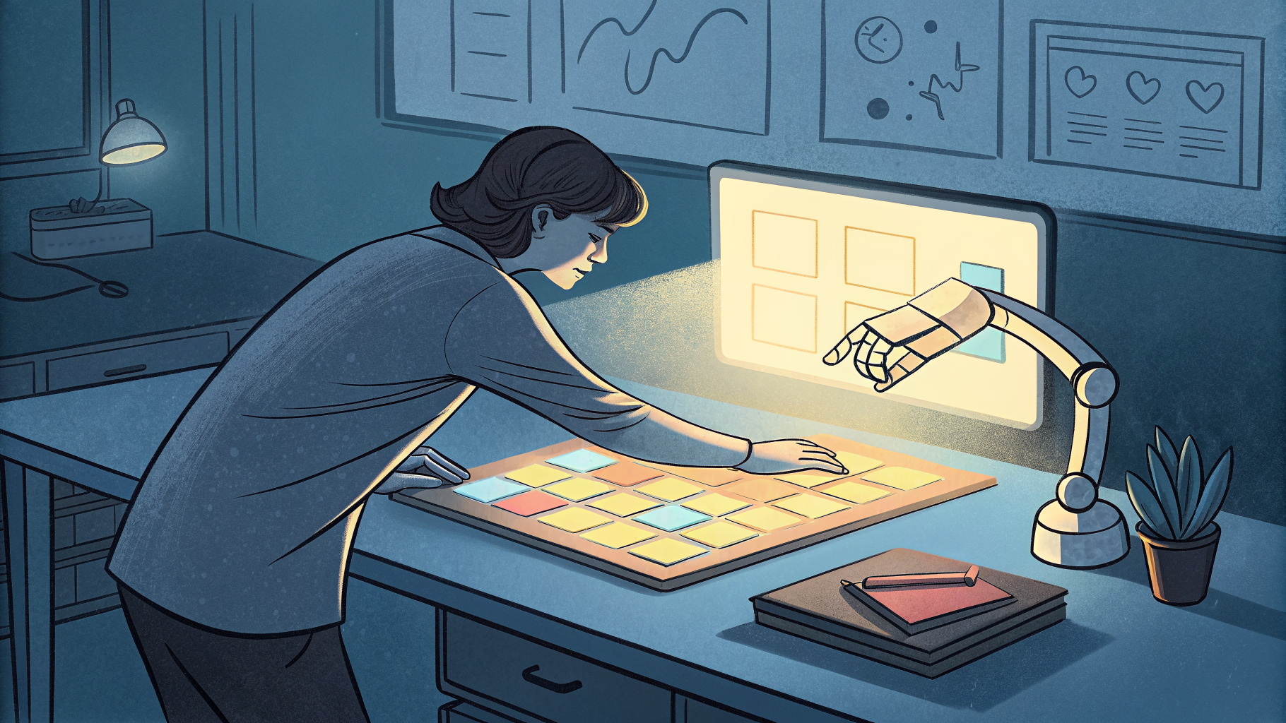 Hand-drawn editorial illustration clean lines warm colors A person at