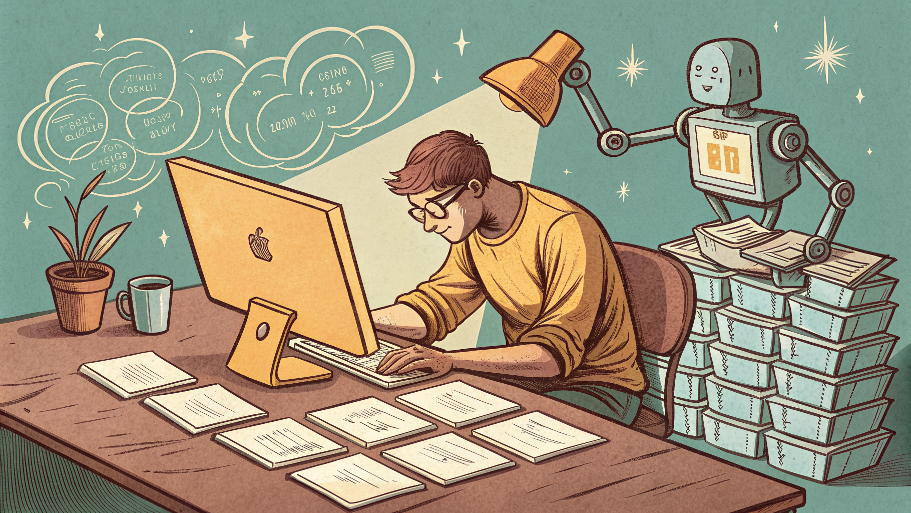 Hand-drawn editorial illustration clean lines warm colors A weary web