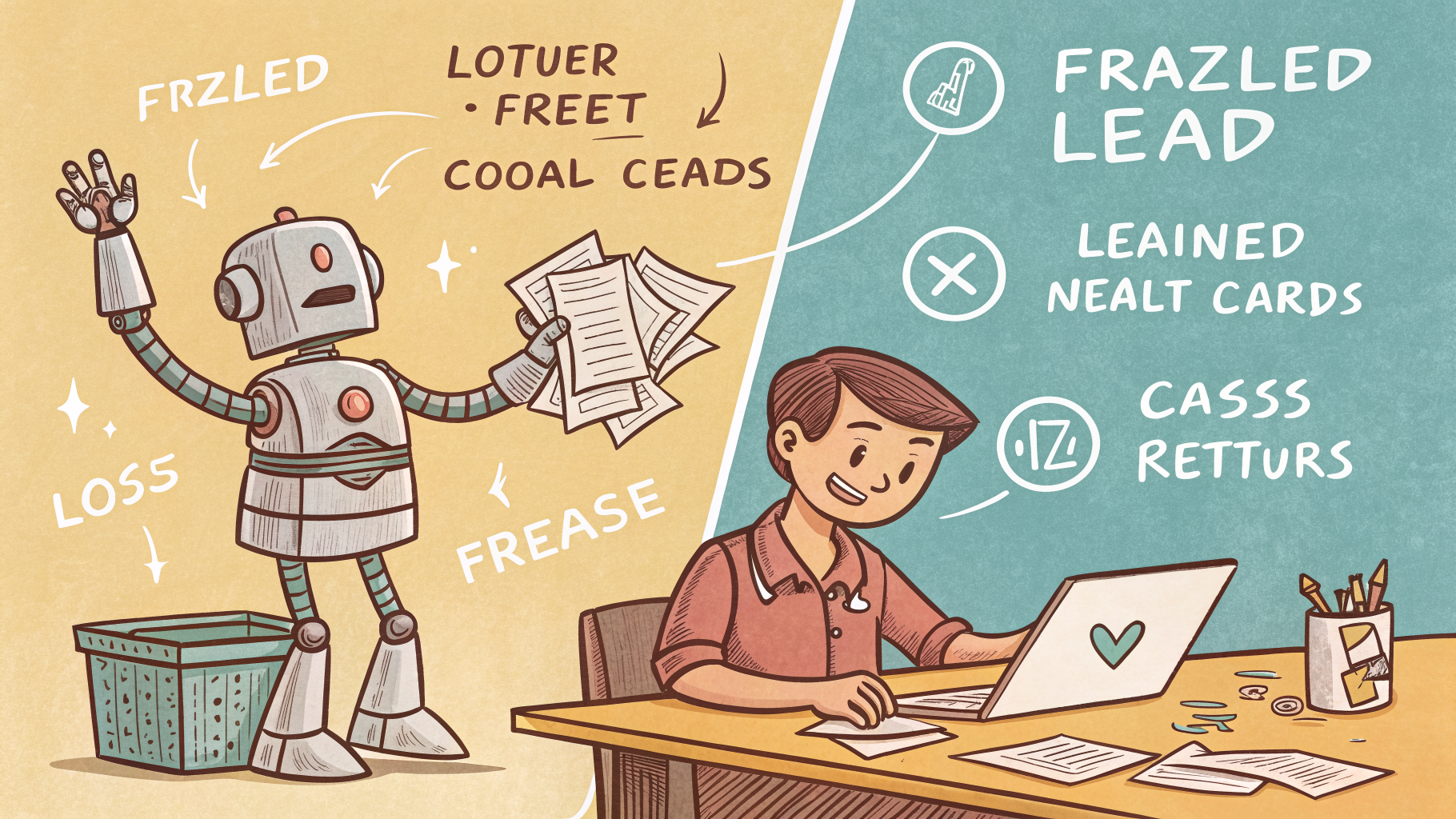 Hand-drawn editorial illustration clean lines warm colors A frazzled product