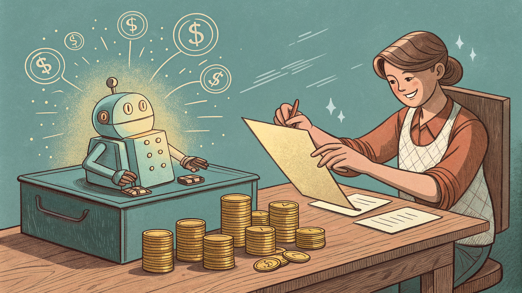 Hand-drawn editorial illustration clean lines warm colors A person at
