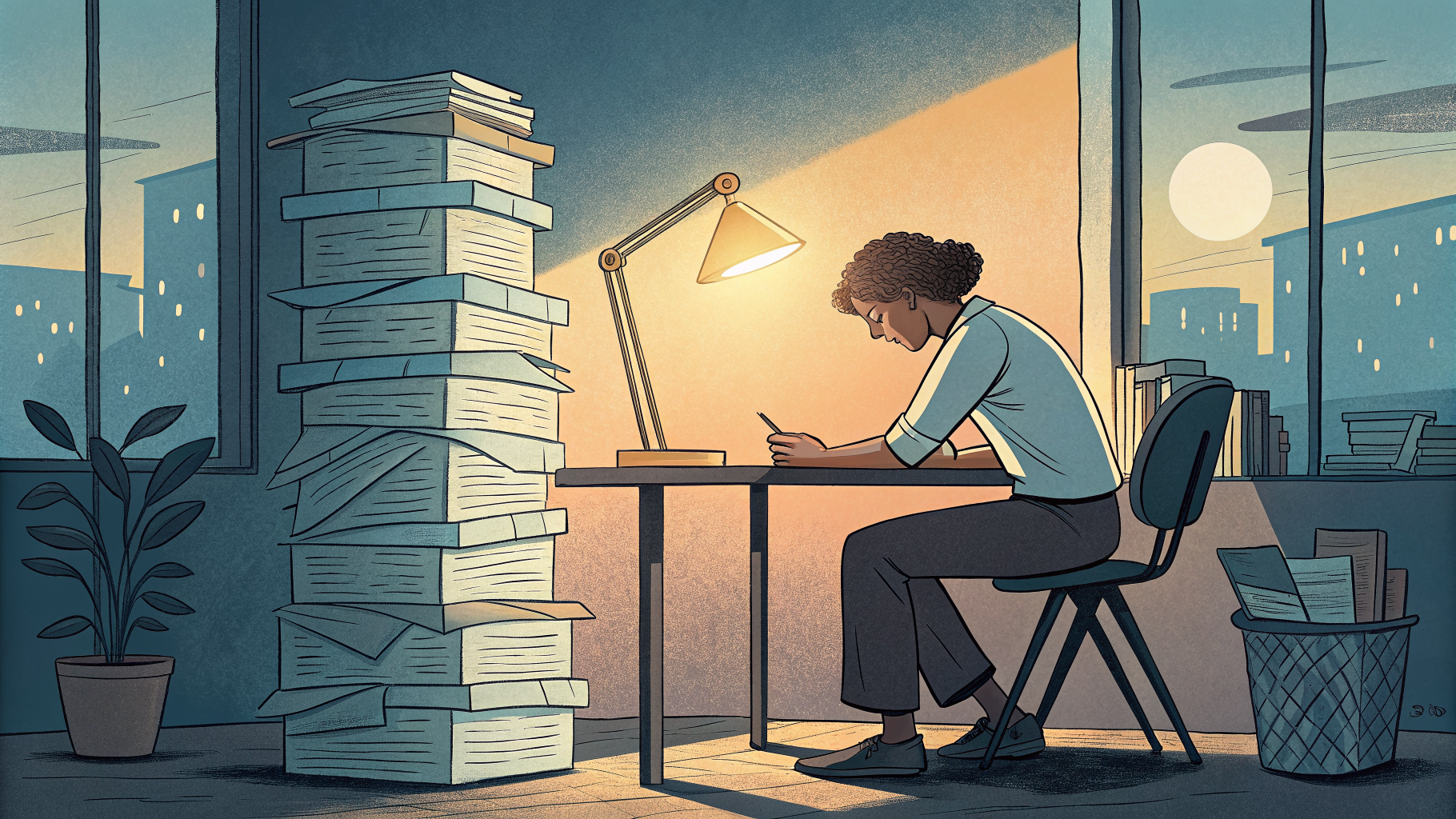 Hand-drawn editorial illustration clean lines warm colors A weary office