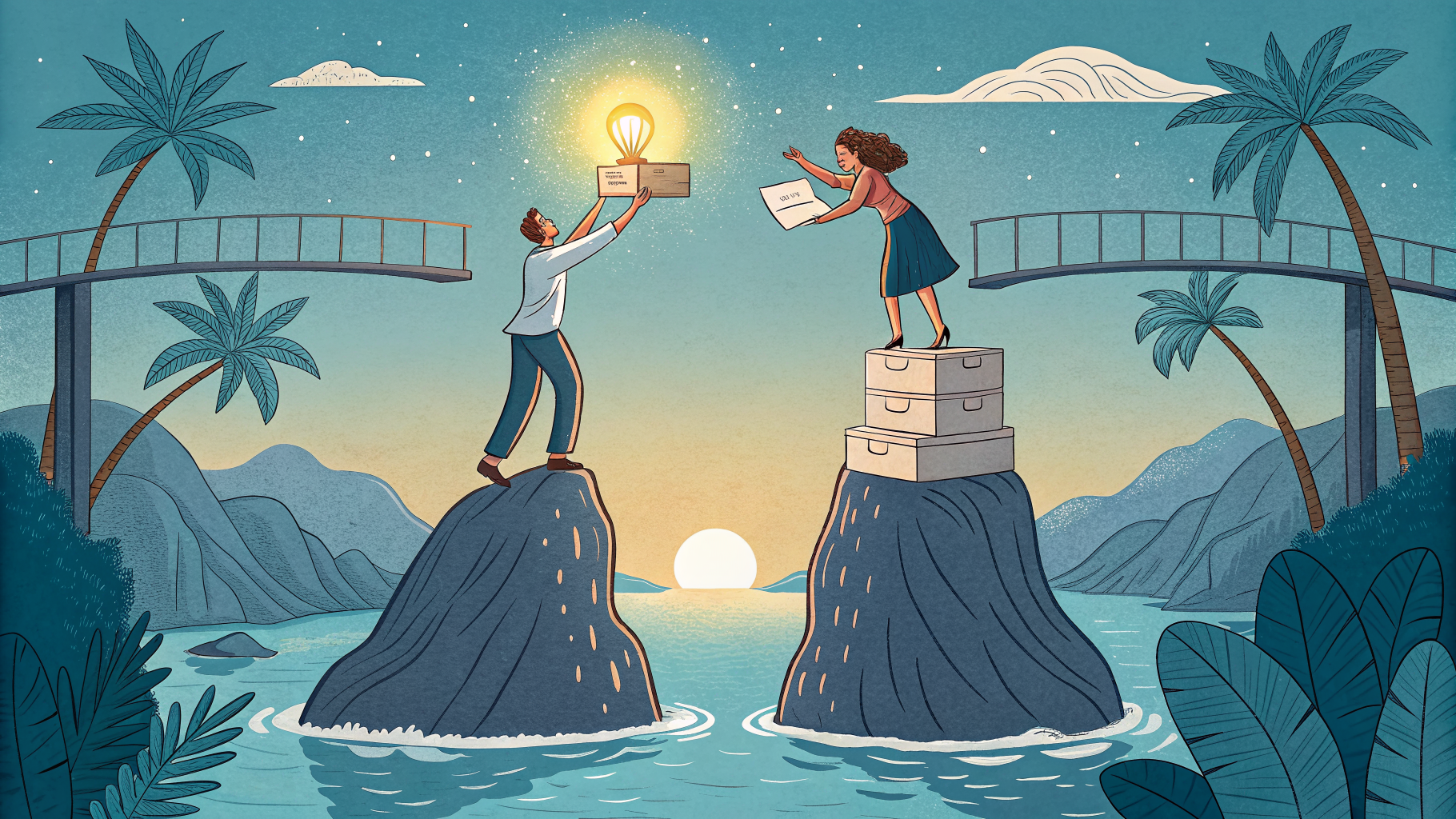 Hand-drawn editorial illustration clean lines warm colors Two hands lift