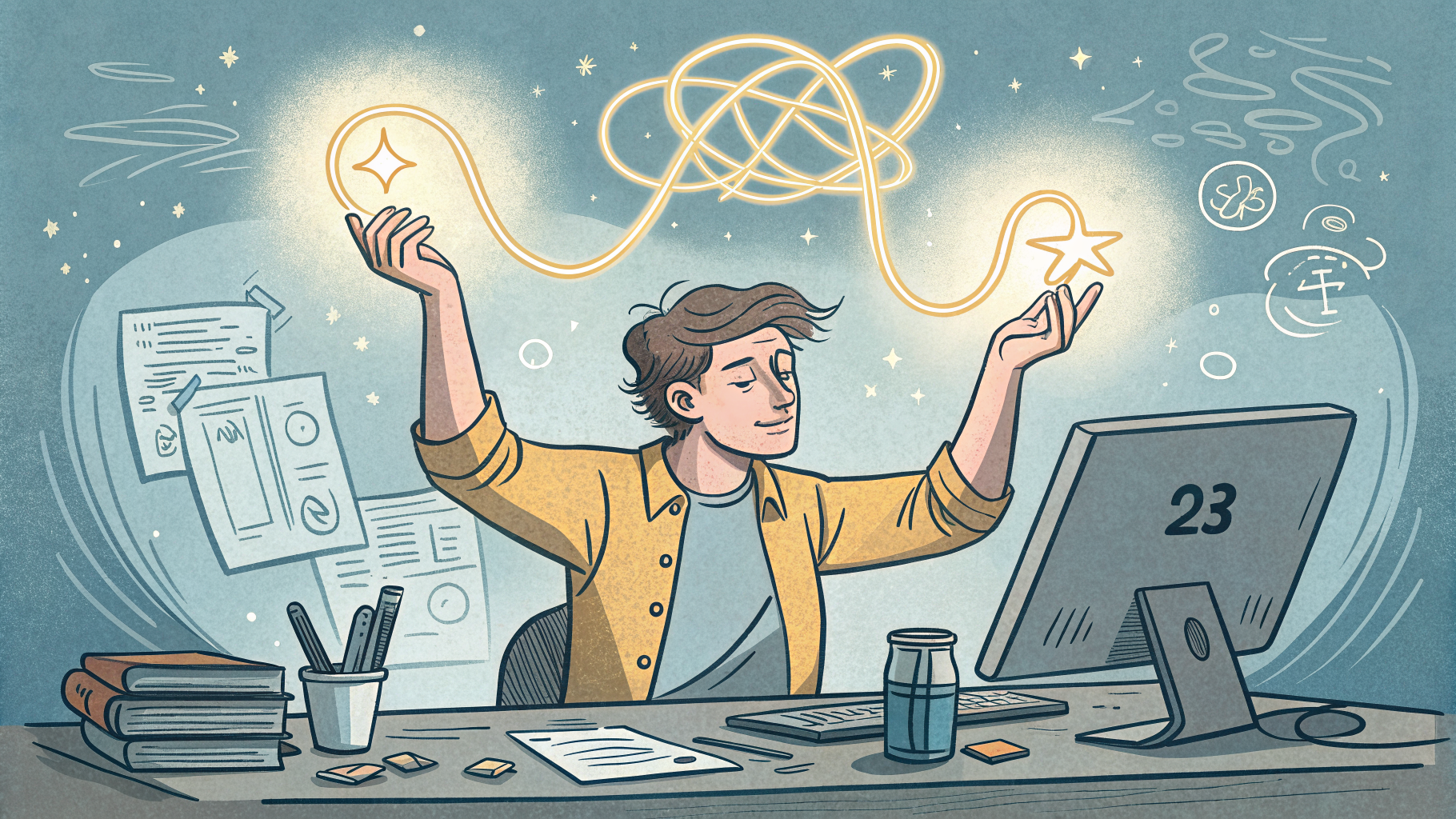 Hand-drawn editorial illustration clean lines warm colors A weary developer
