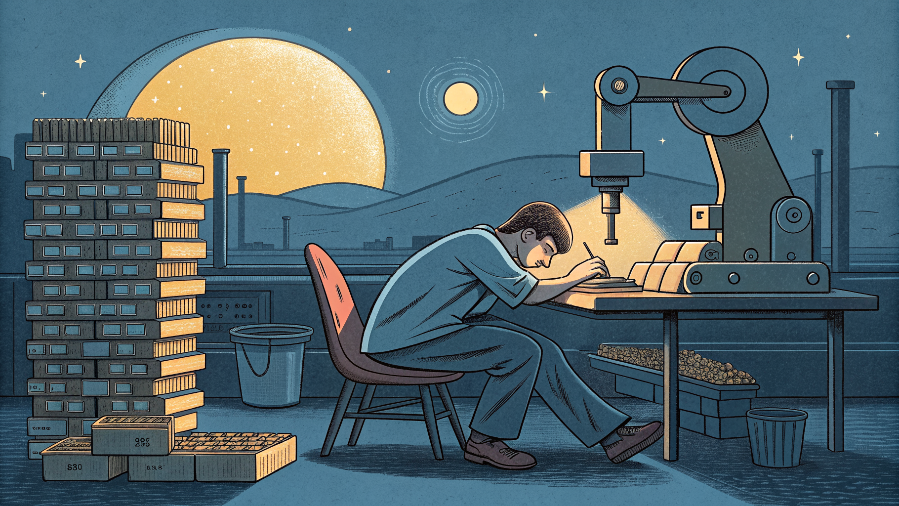 Hand-drawn editorial illustration clean lines warm colors A lone figure