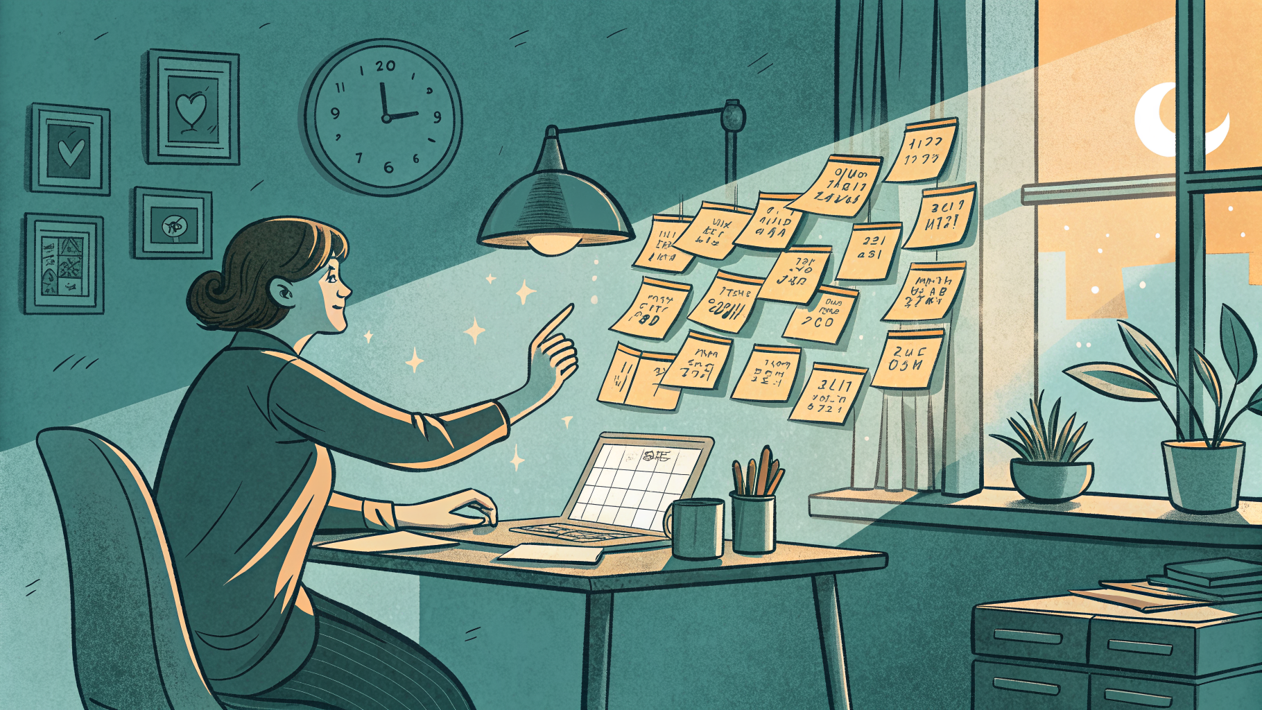 Hand-drawn editorial illustration clean lines warm colors A person at