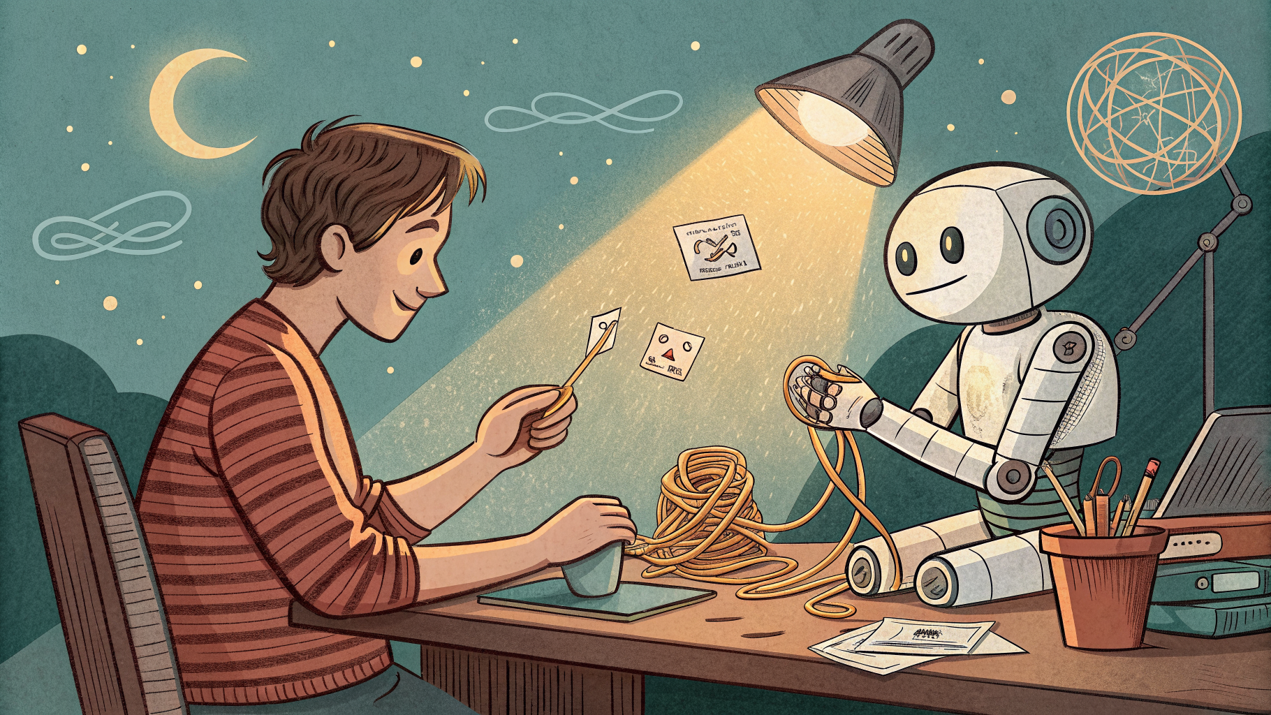 Hand-drawn editorial illustration clean lines warm colors A frazzled worker