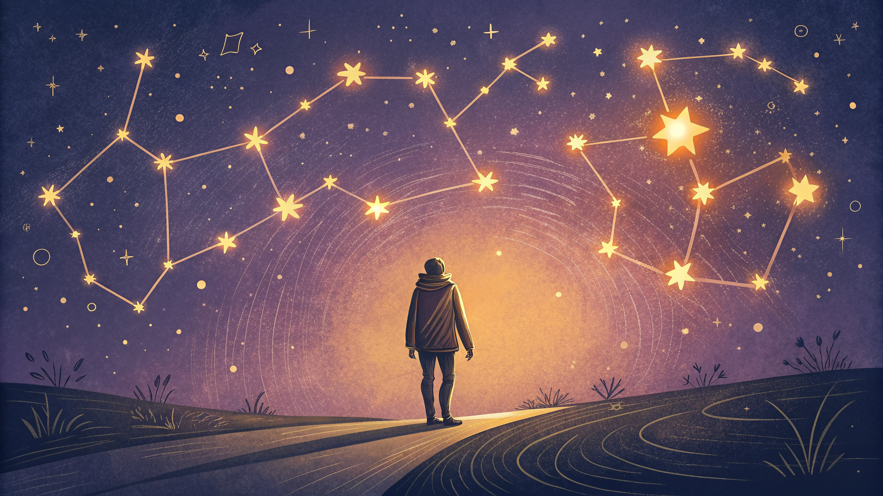 Hand-drawn editorial illustration clean lines warm colors A figure stands