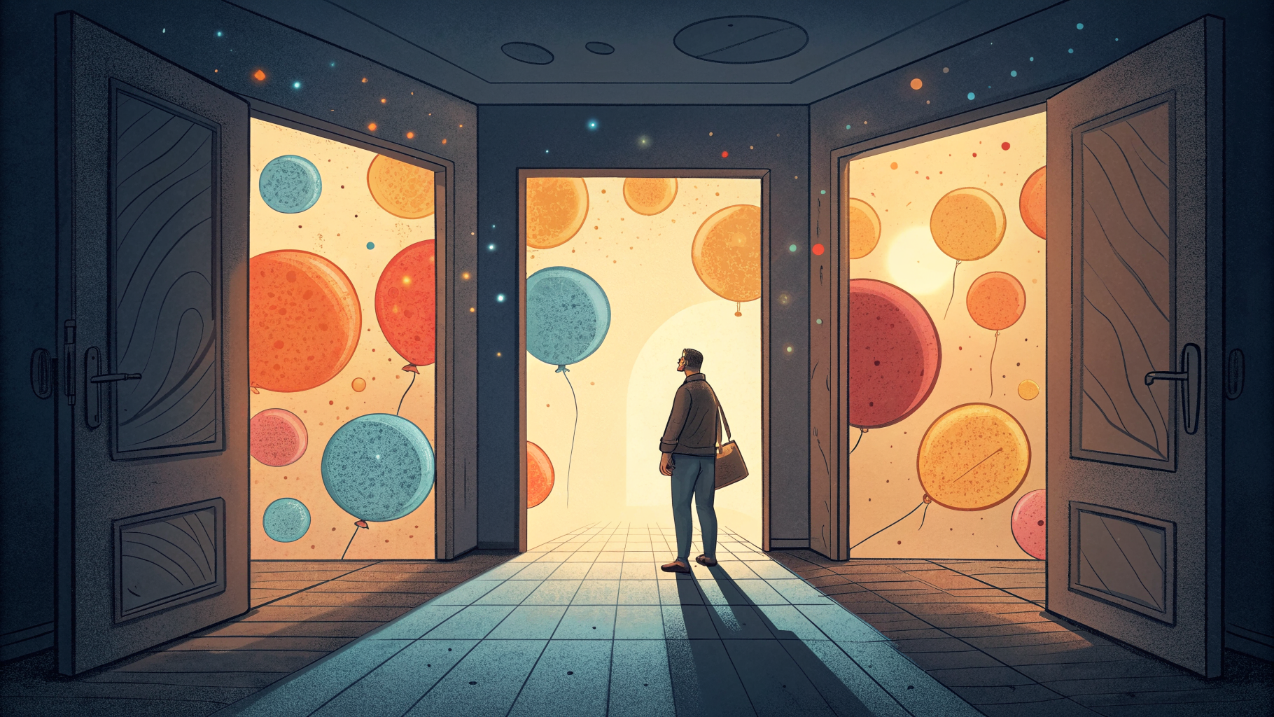 Hand-drawn editorial illustration clean lines warm colors Two glowing doorways