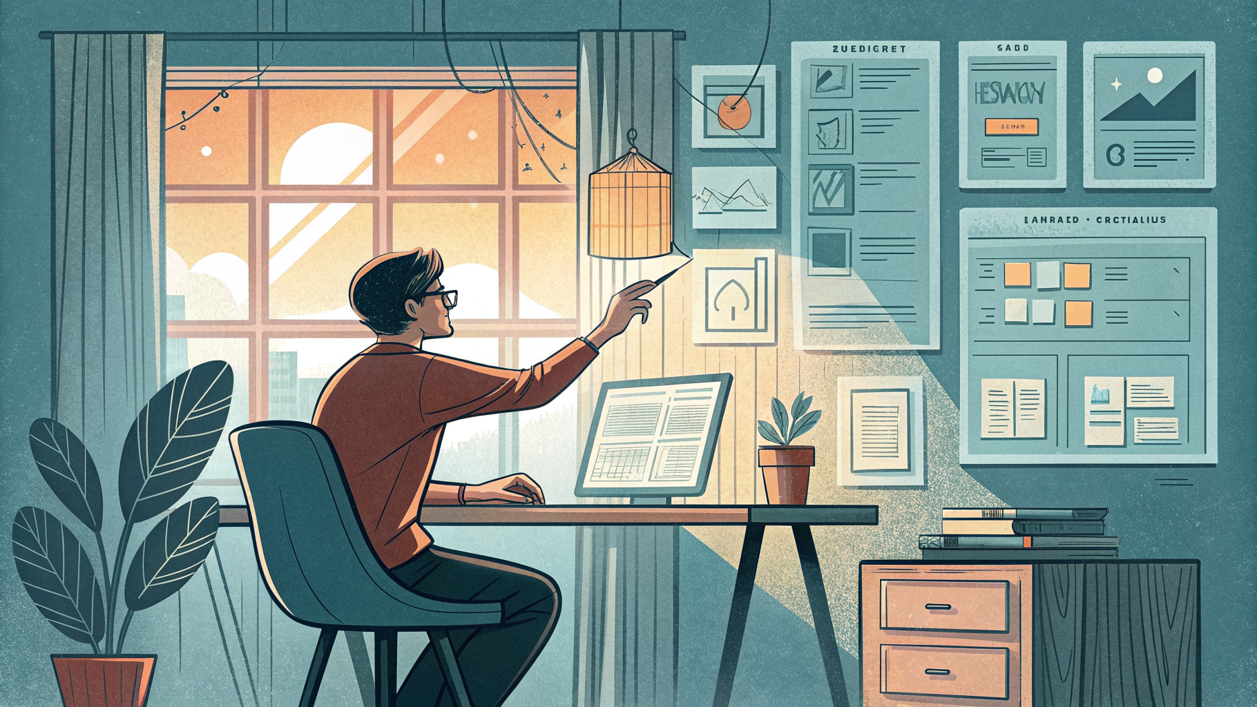 Hand-drawn editorial illustration clean lines warm colors A designer at