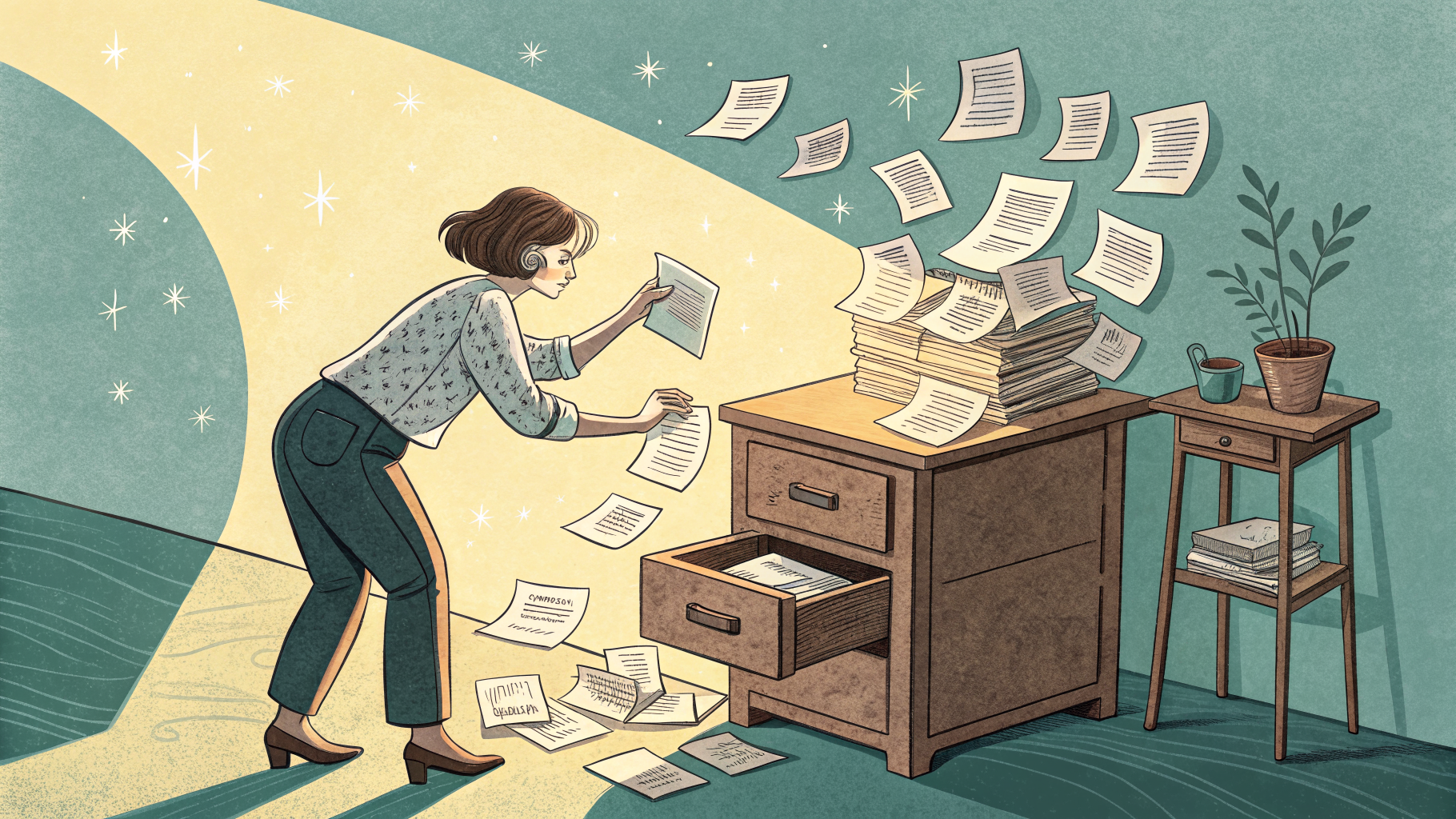 Hand-drawn editorial illustration clean lines warm colors A person at