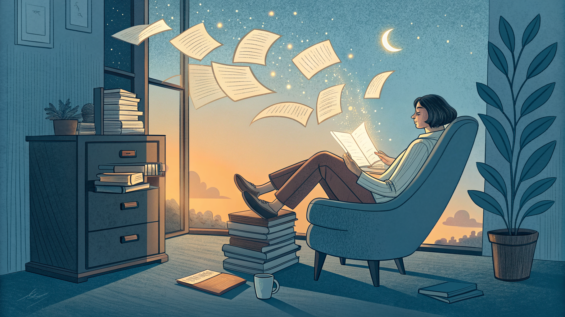 Hand-drawn editorial illustration clean lines warm colors A person relaxes
