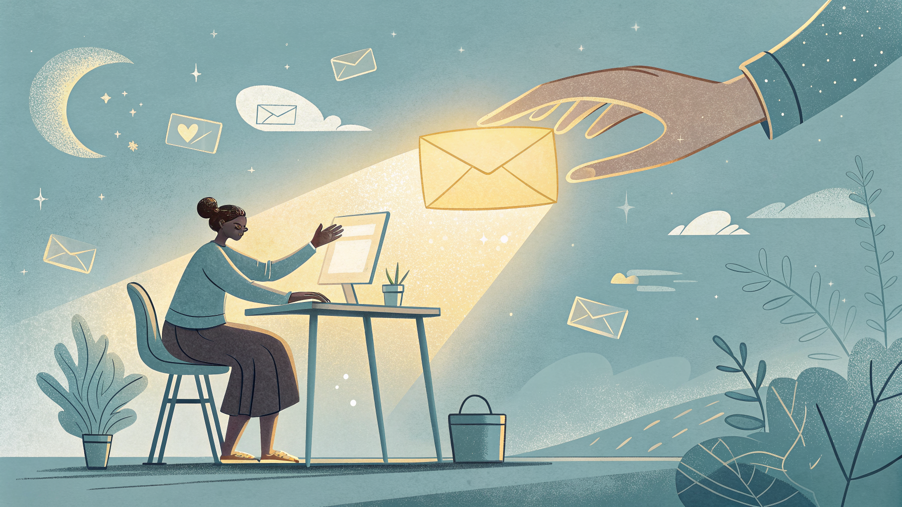 Hand-drawn editorial illustration clean lines warm colors A person at