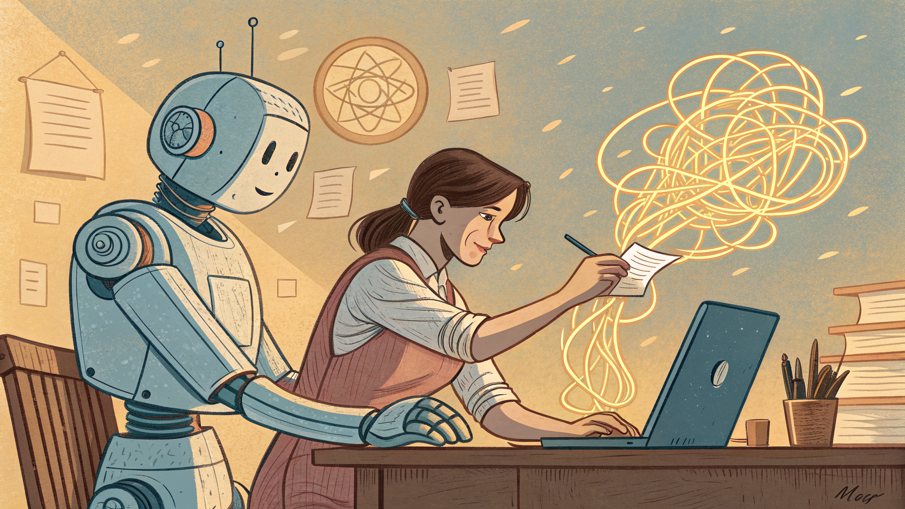 Hand-drawn editorial illustration clean lines warm colors A weary salesperson
